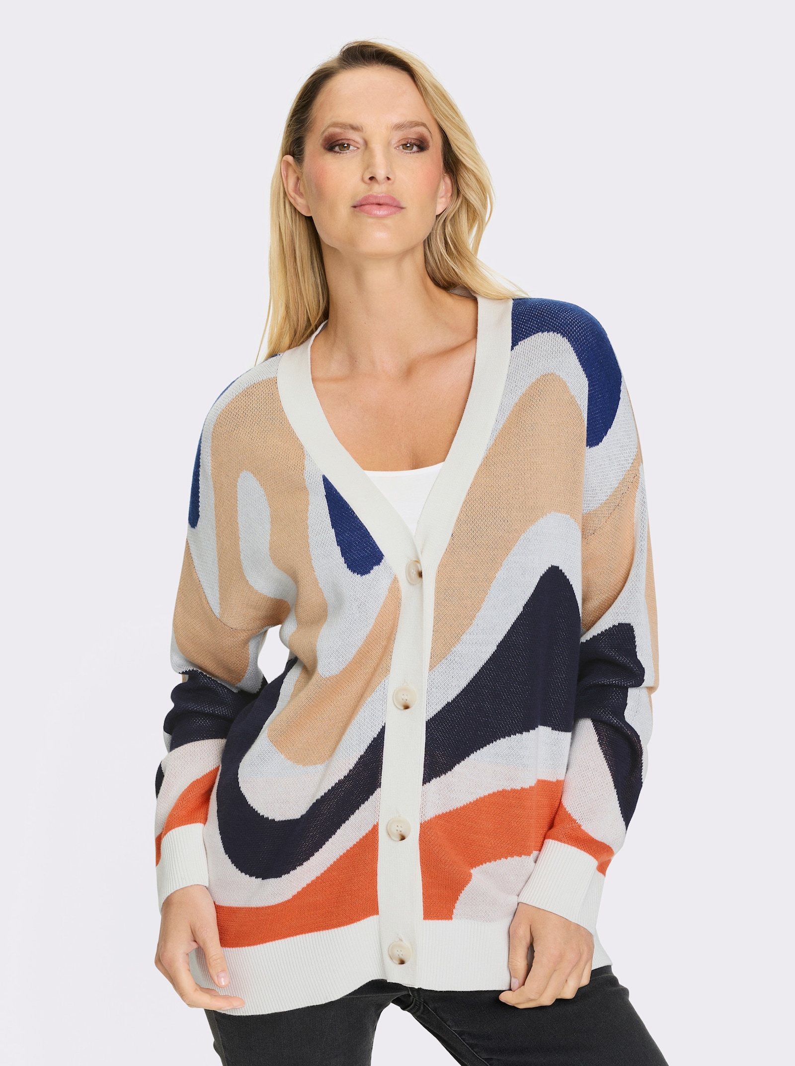 heine Jacquardstrickjacke oversized geschnitten - ecru-marine-gemustert