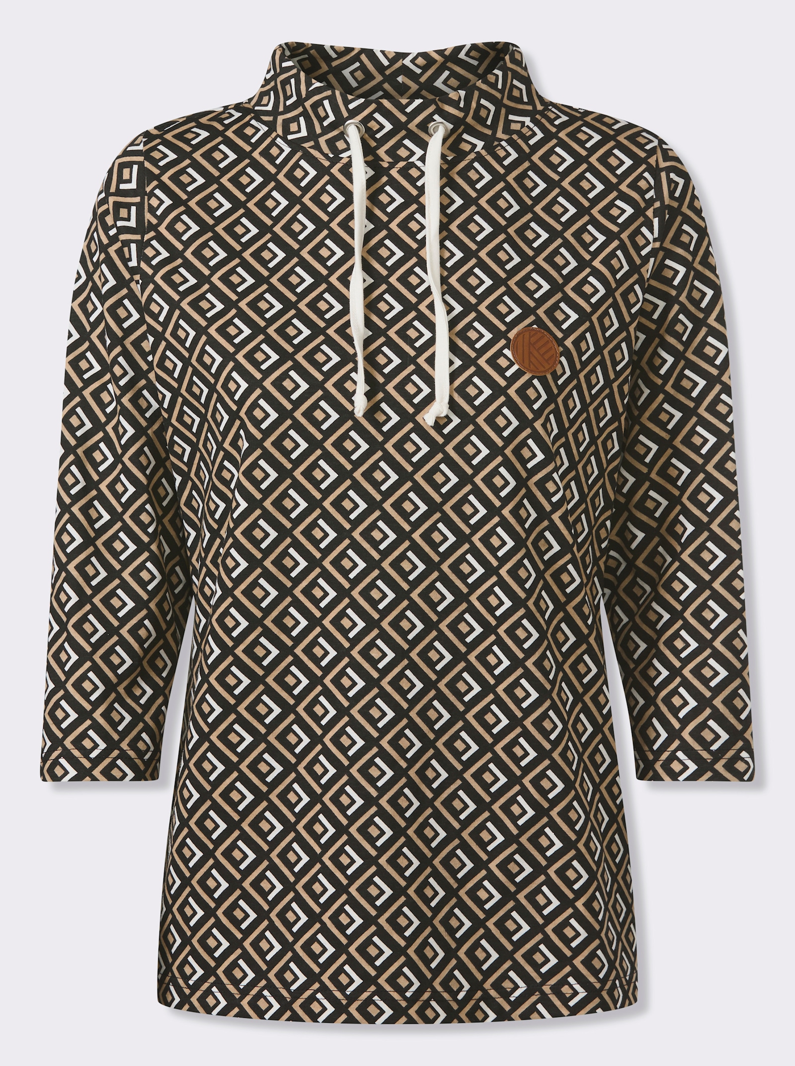 Stehkragenshirt mit weitem Stehkragen - beige-schwarz-bedruckt