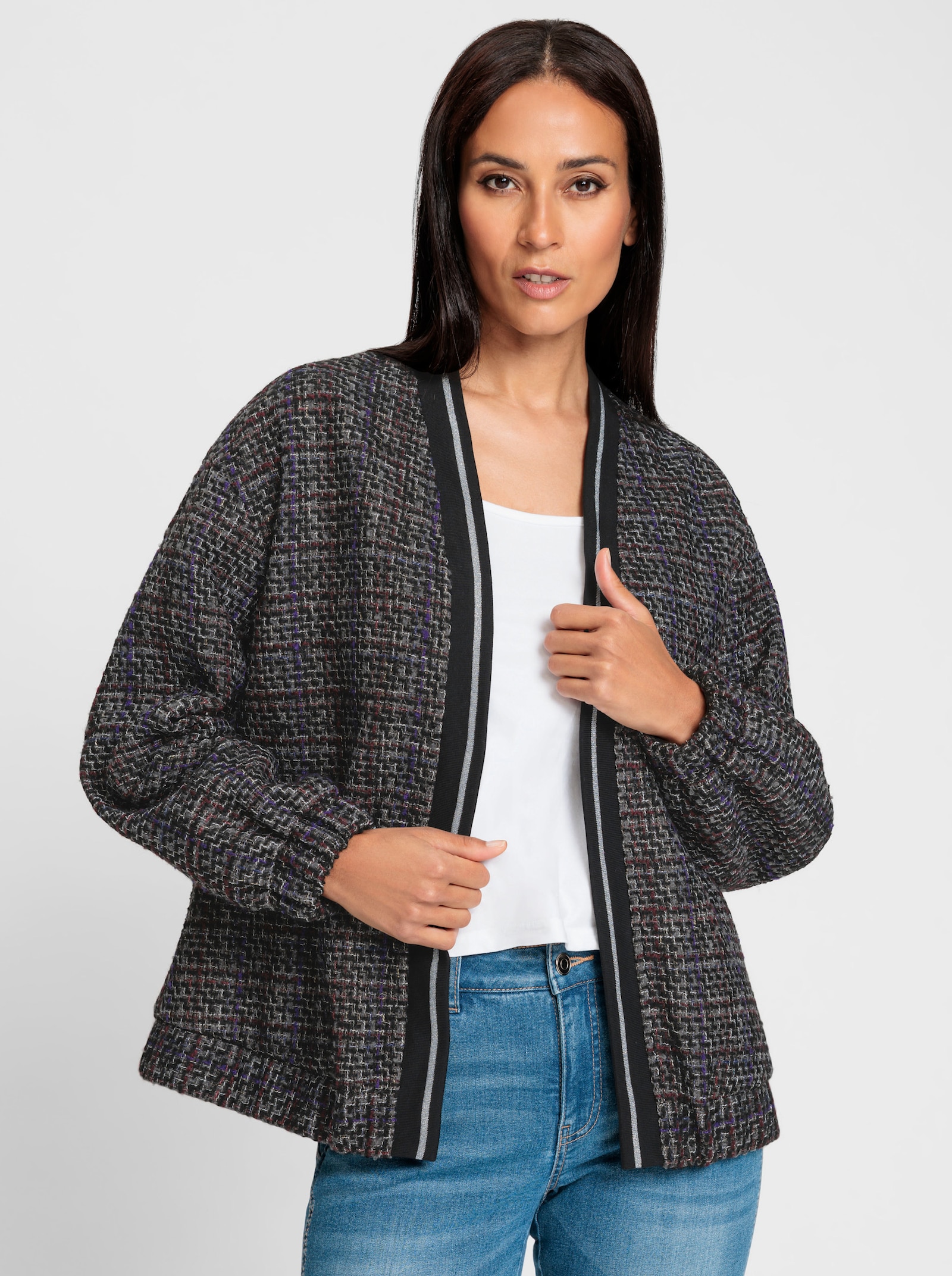 heine Blousonjacke mit Effektgarn - schwarz-bordeaux-gemustert