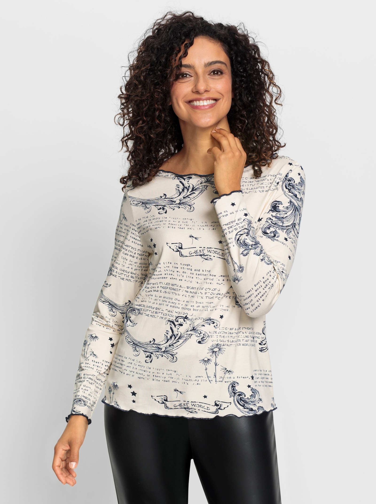 Langarmshirt mit Lettering-Print - champagner-marine-bedruckt