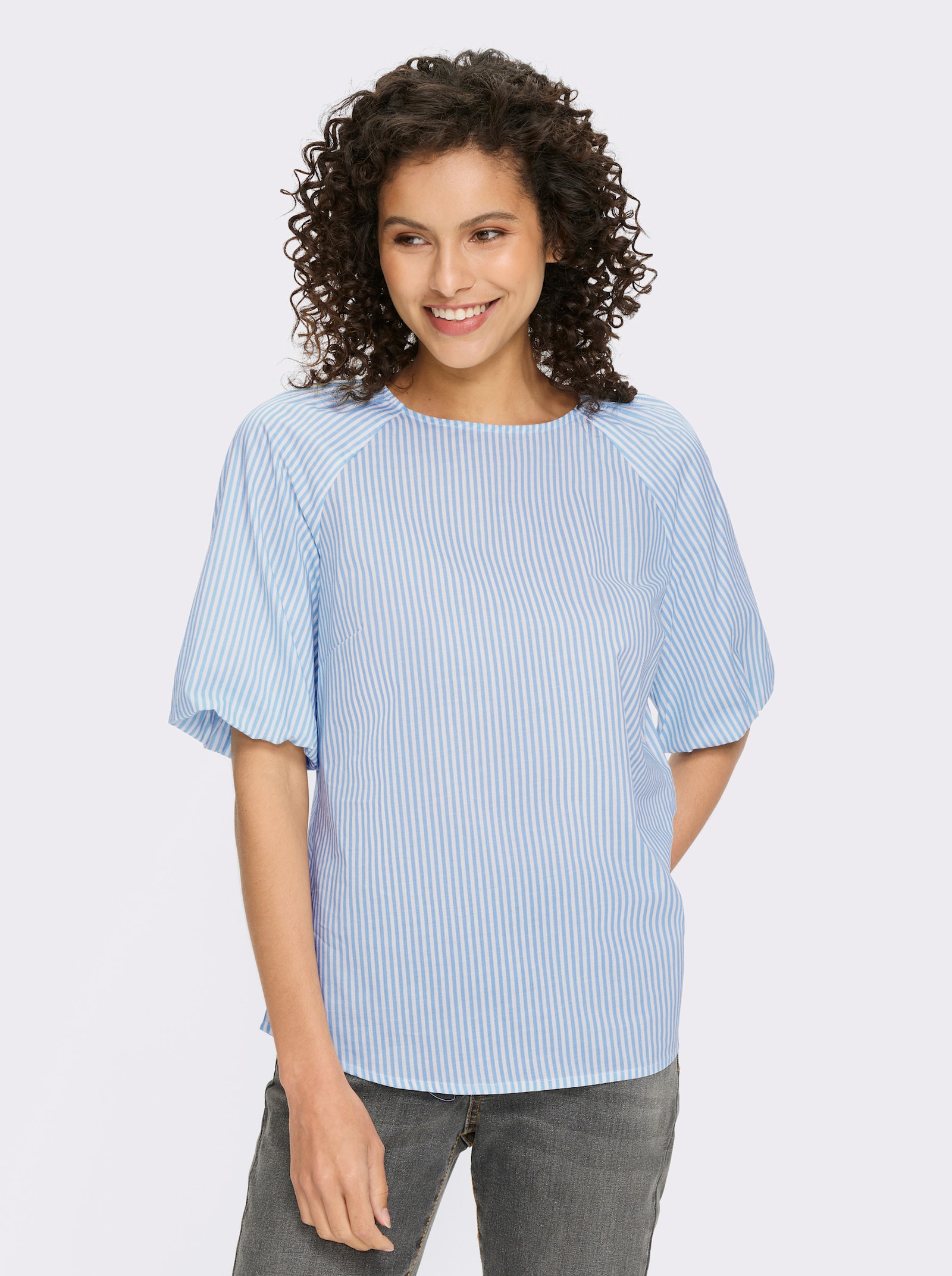 heine Gestreifte Bluse mit Ballonärmeln - eisblau-ecru-gestreift