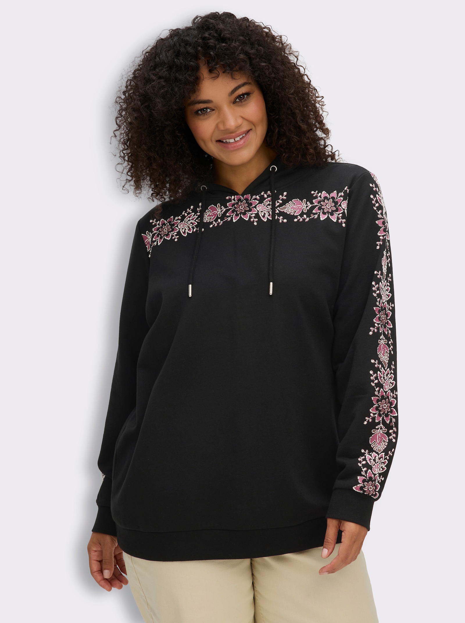 sheego Kapuzensweatshirt mit Blumenprint - schwarz-malve-bedruckt