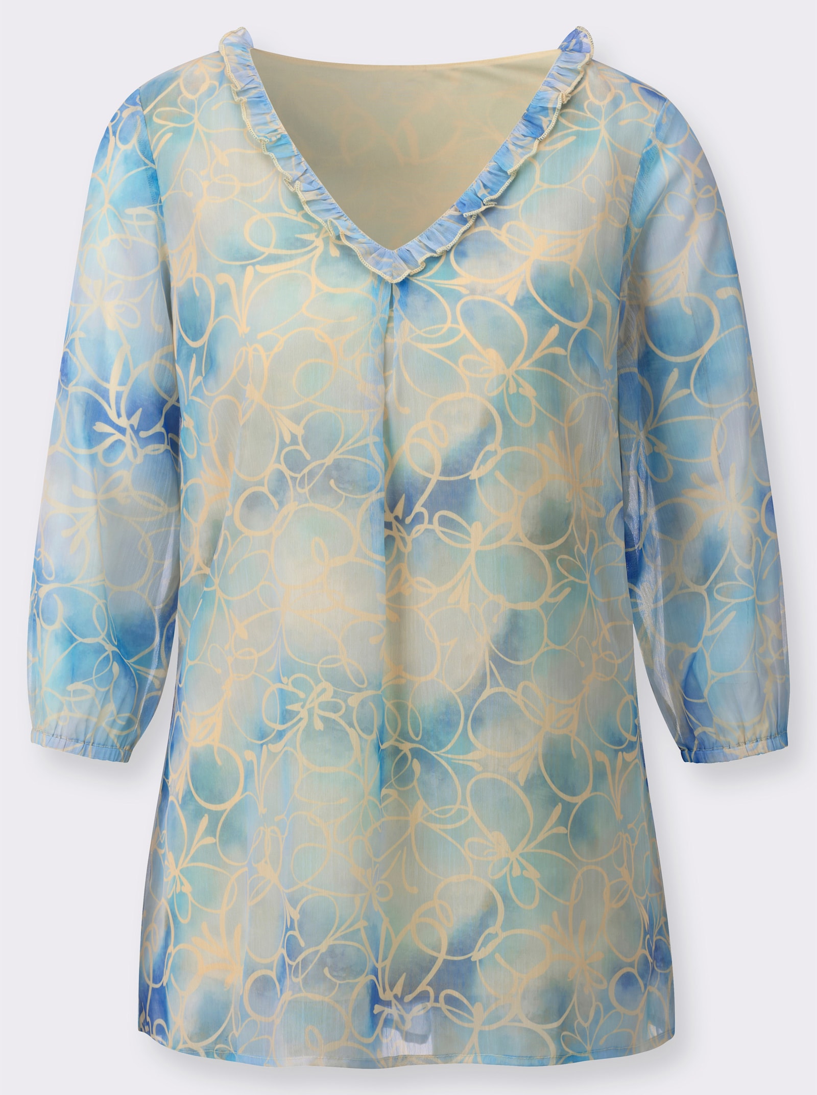 Tunika mit Volants am Ausschnitt - eisblau-vanille-bedruckt