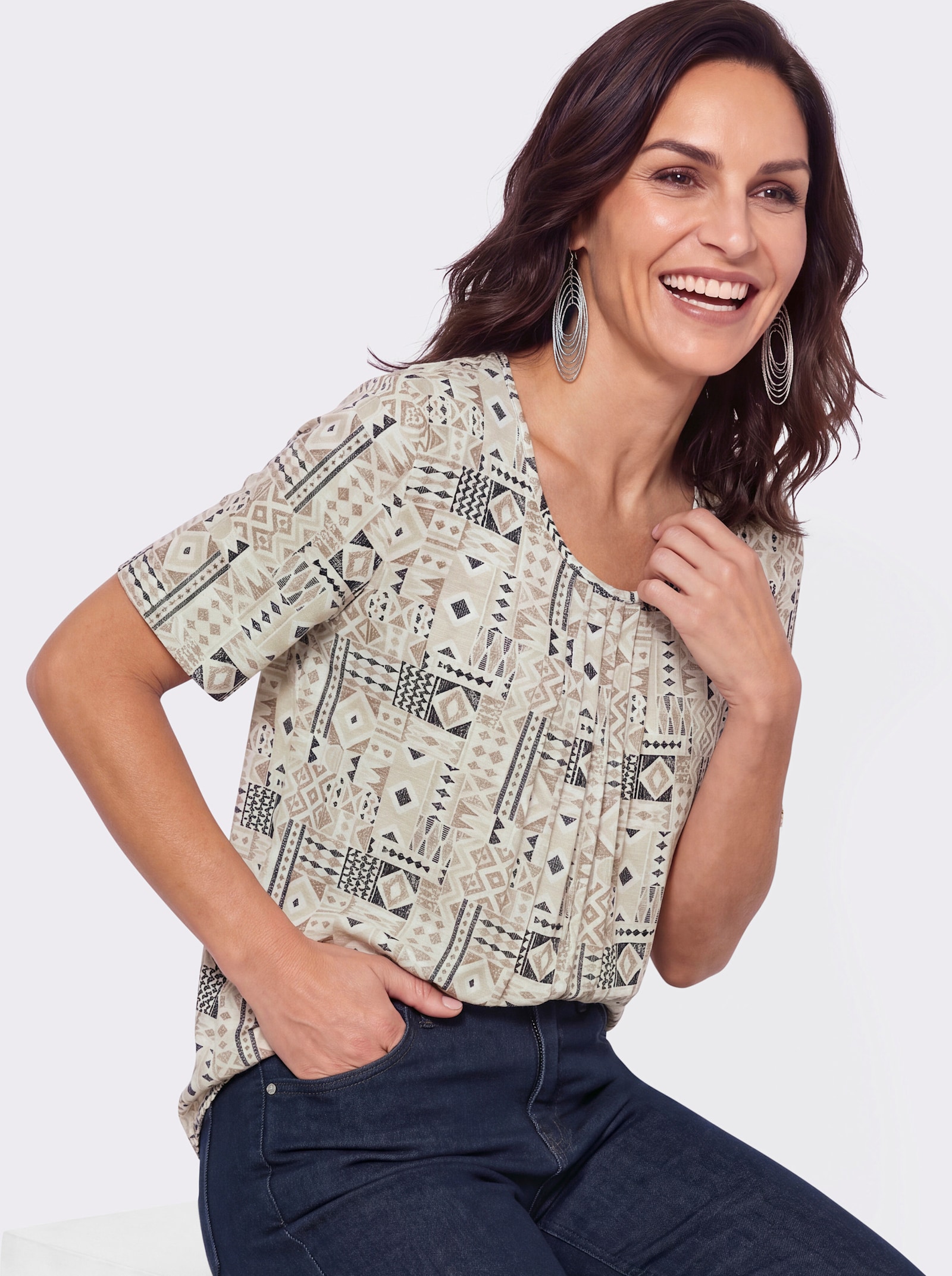 Tunikashirt im Patchwork-Dessin - sand-schwarz-bedruckt