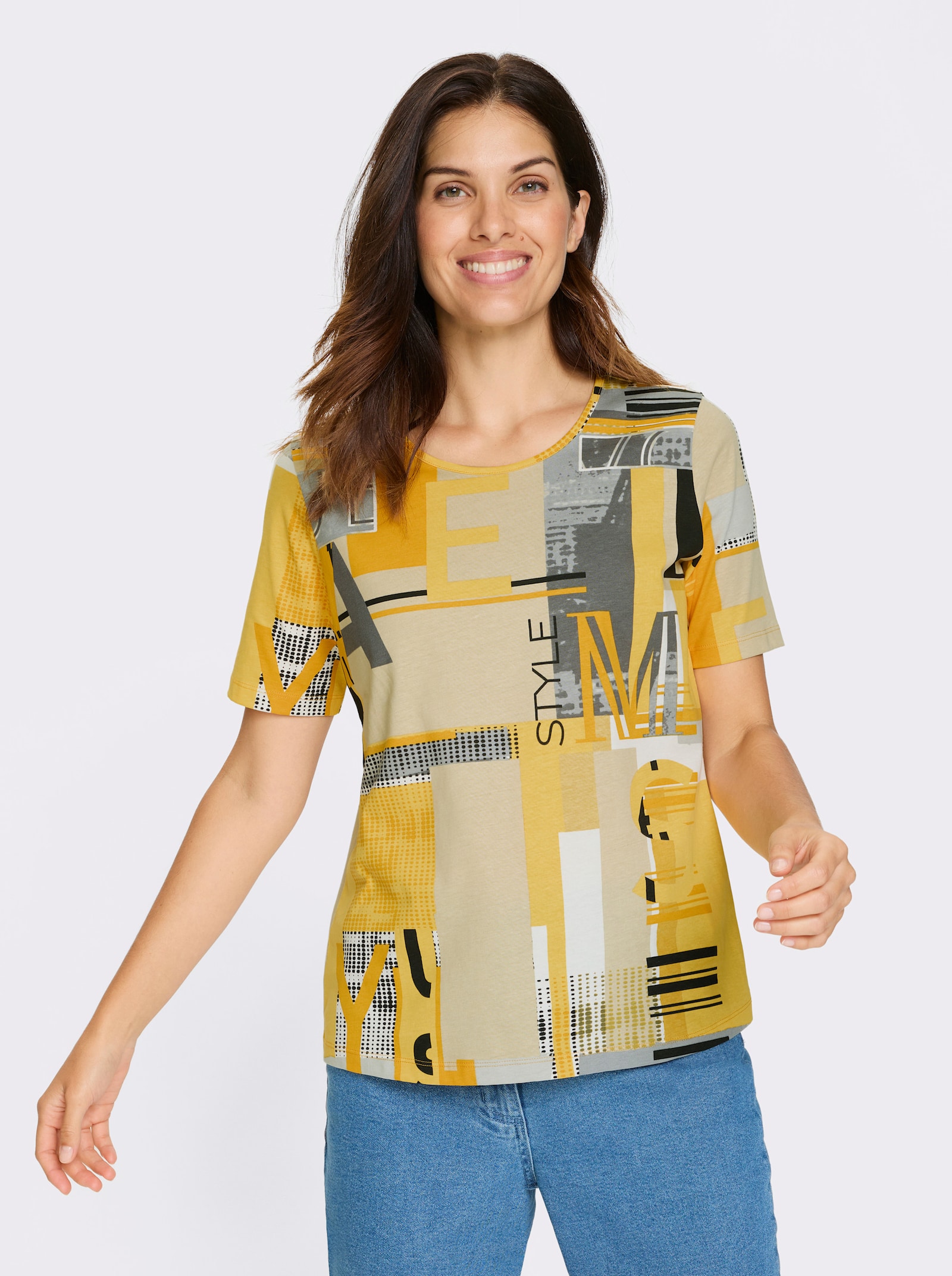 Kurzarmshirt allover bedruckt, Baumwolle - ocker-sand-bedruckt