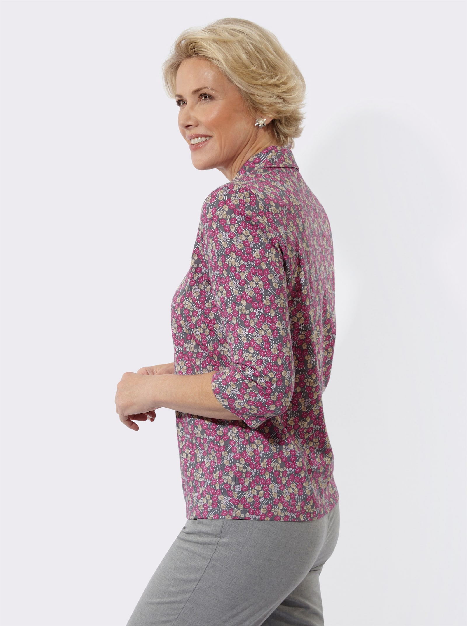 Poloshirt mit Glitzersteinchen - anthrazit-rosé-bedruckt