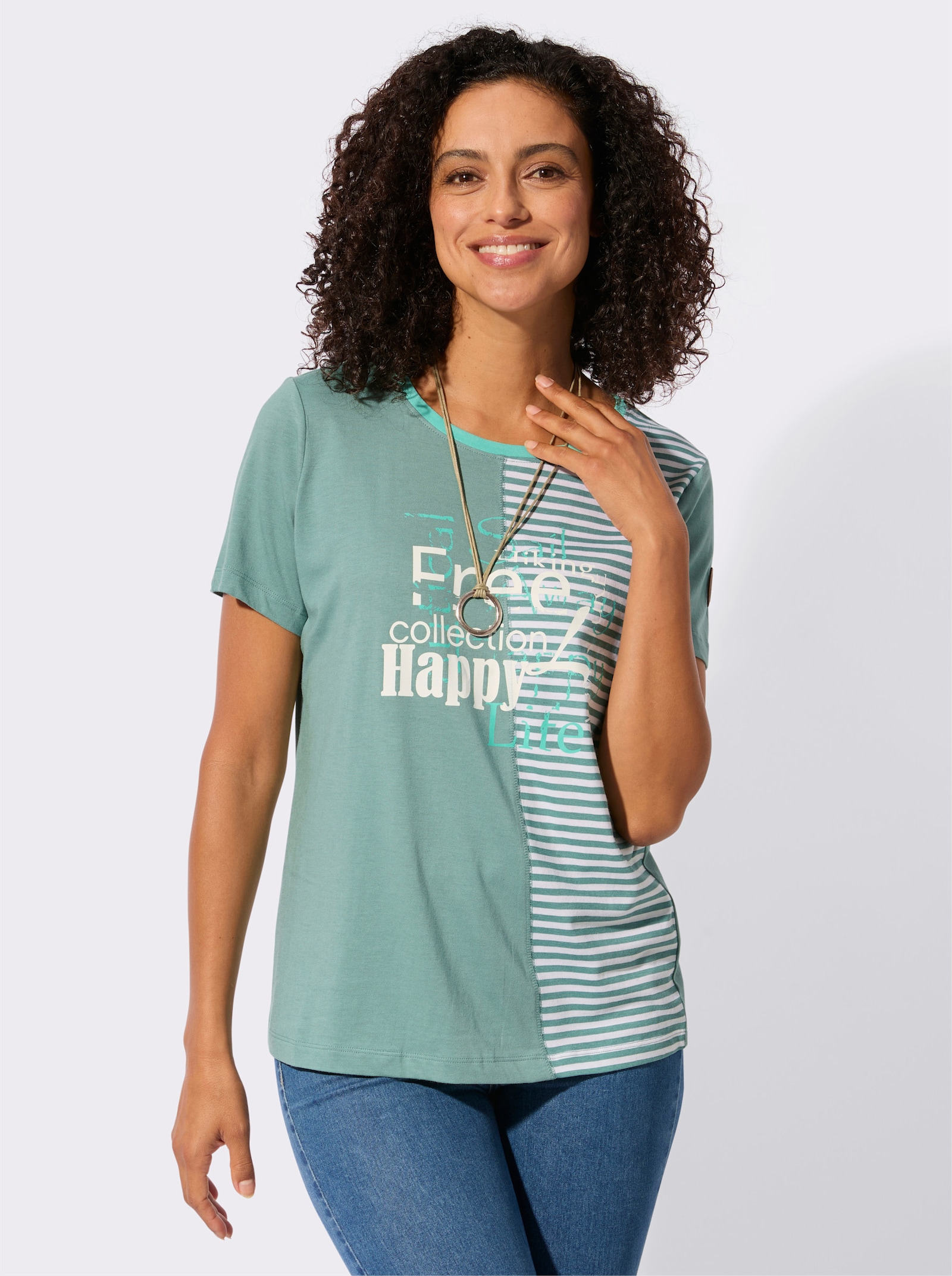 Rundhalsshirt mit Schriftzug und Streifen-Print - jade-blaugrün-bedruckt