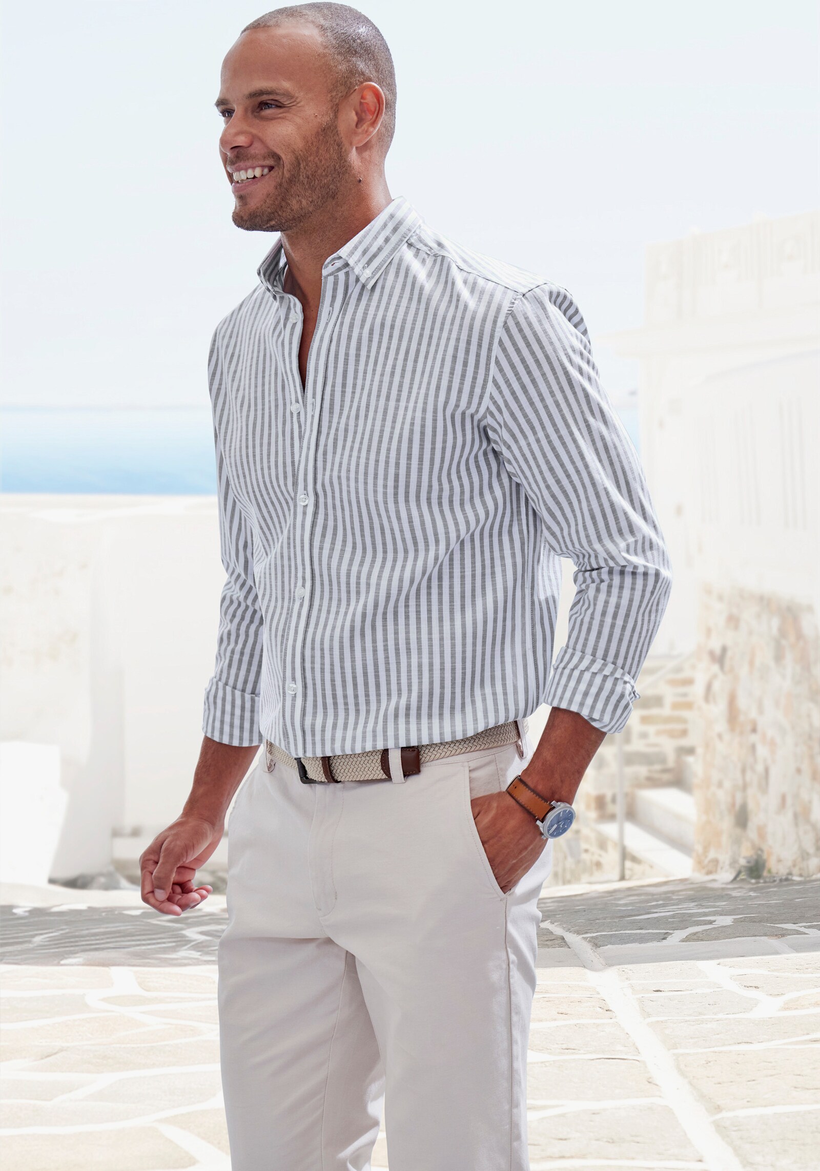 John Devin Langarmhemd - grau-gestreift