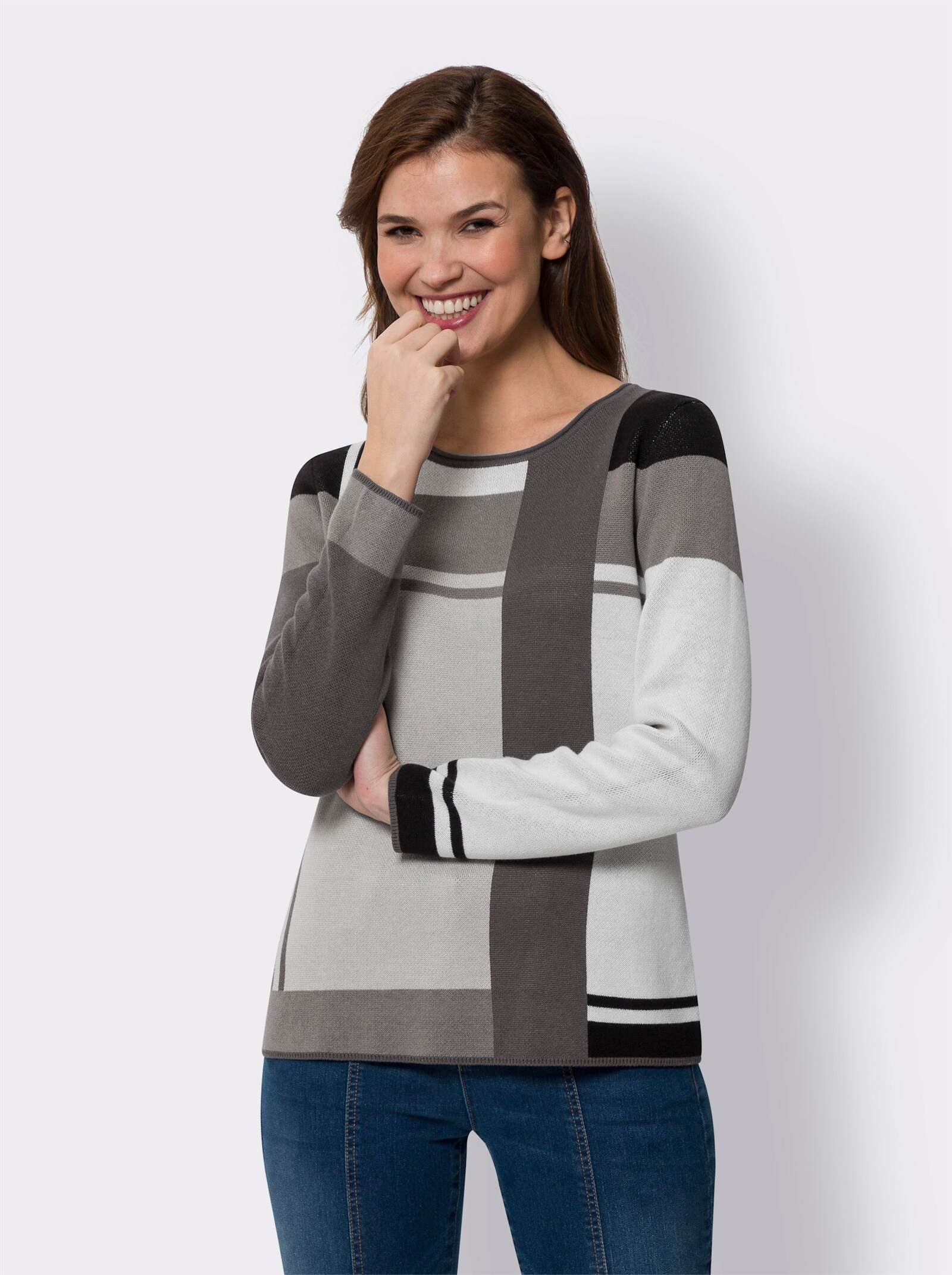 heine Jacquardpullover im Colour-Blocking - grau-schwarz-gemustert