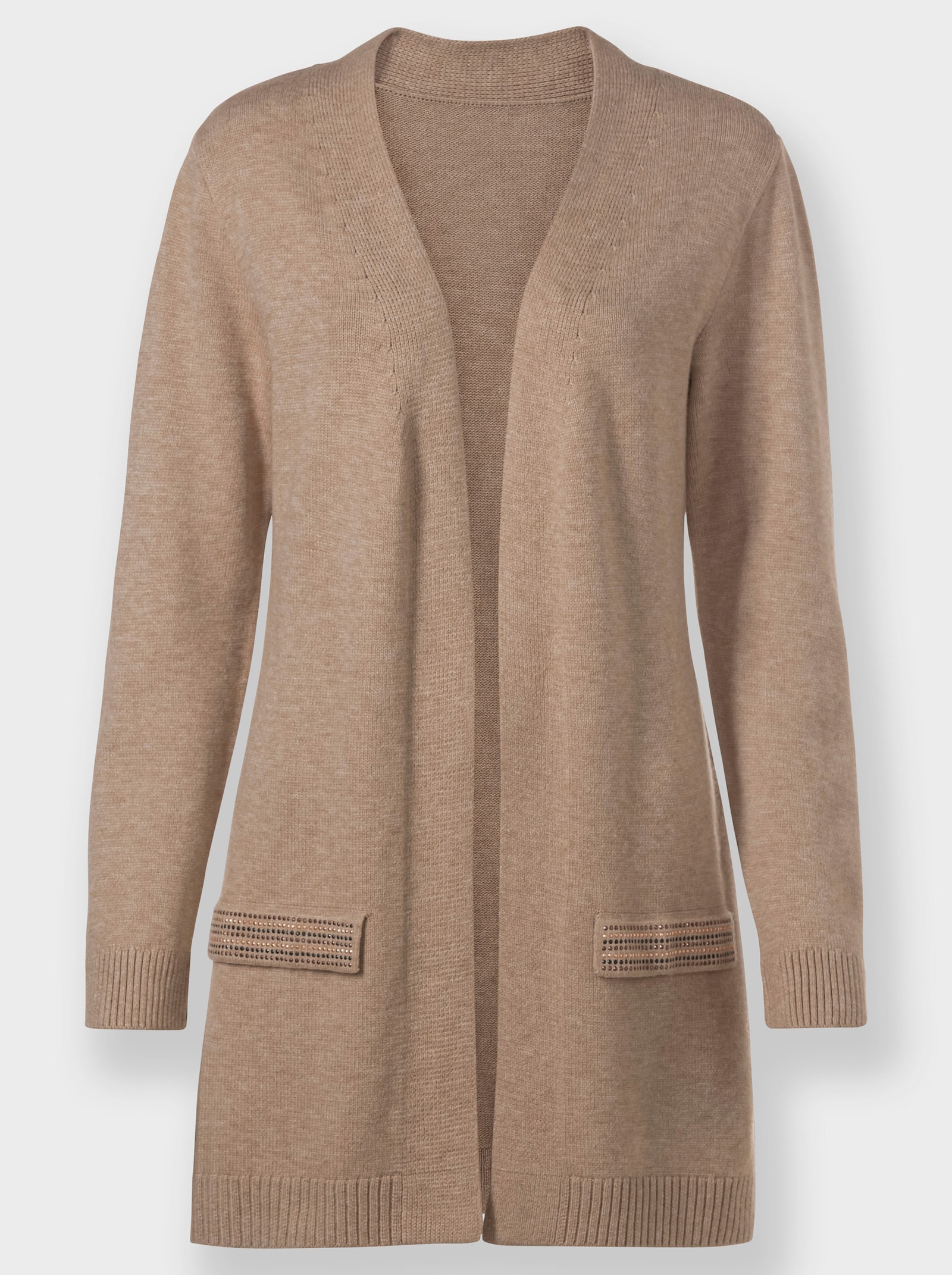 Longstrickjacke mit Ziersteinchen, Feinstrick - camel
