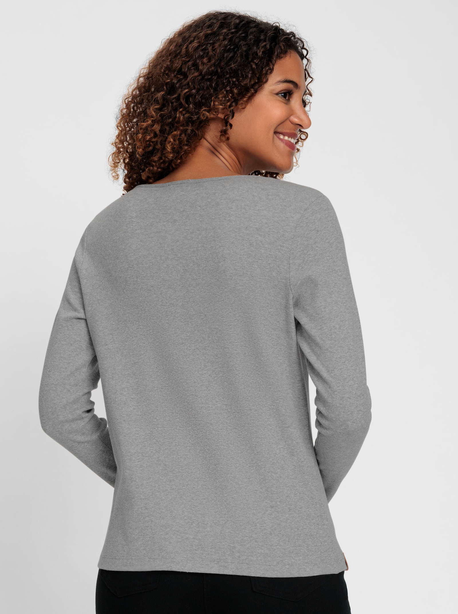 Shirt met ronde hals van geribd katoen - grijs gemêleerd