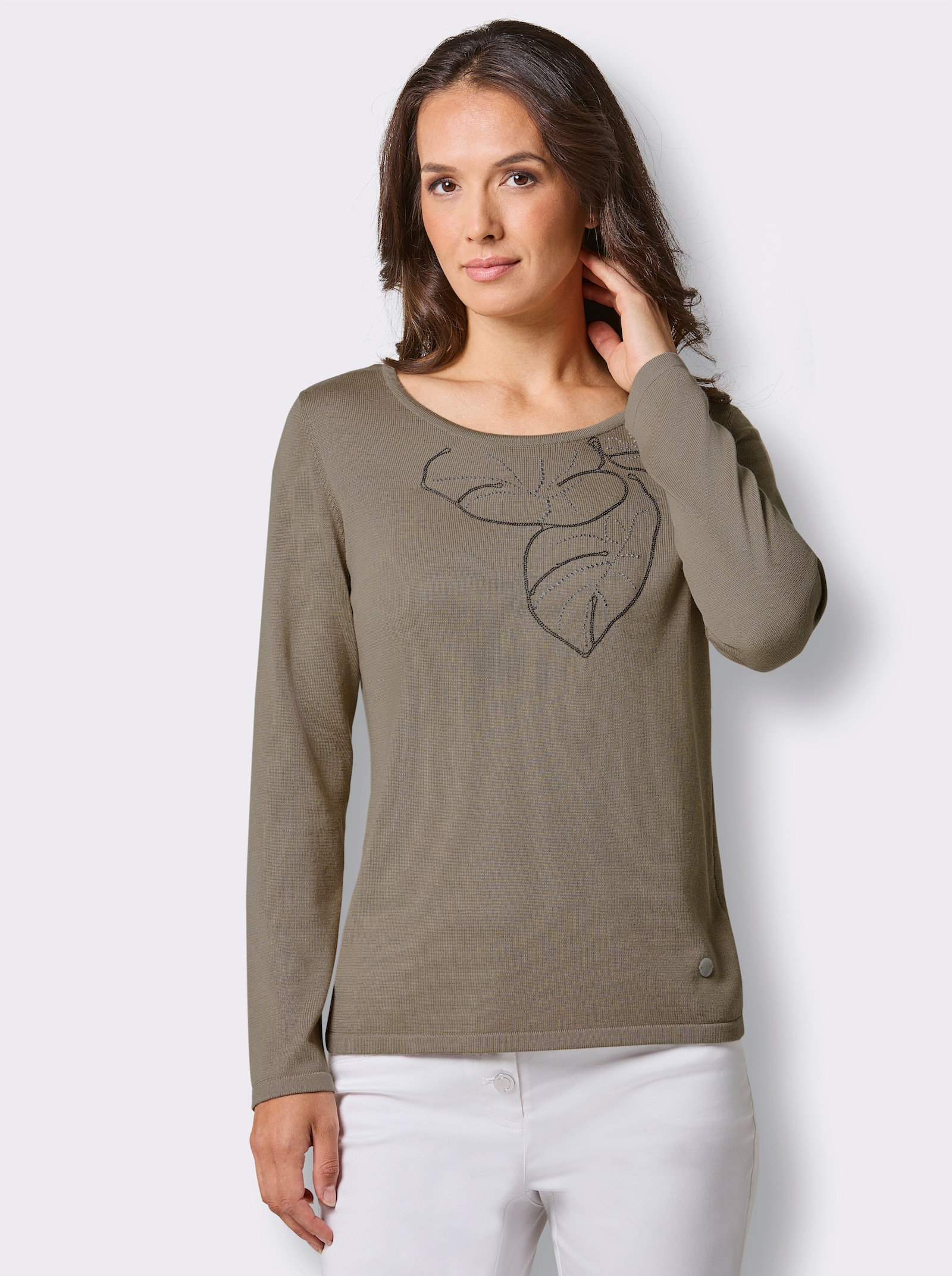 CREATION L PREMIUM Rundhalspullover mit Metallkettchen-Applikation - schlamm
