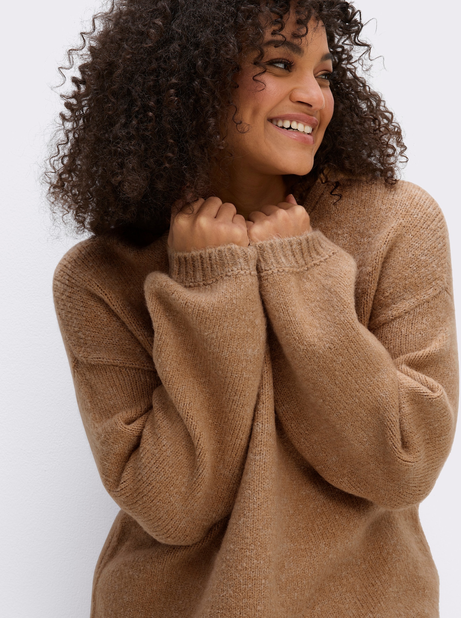 sheego V-Ausschnitt-Pullover mit Ballonärmeln - camel-meliert