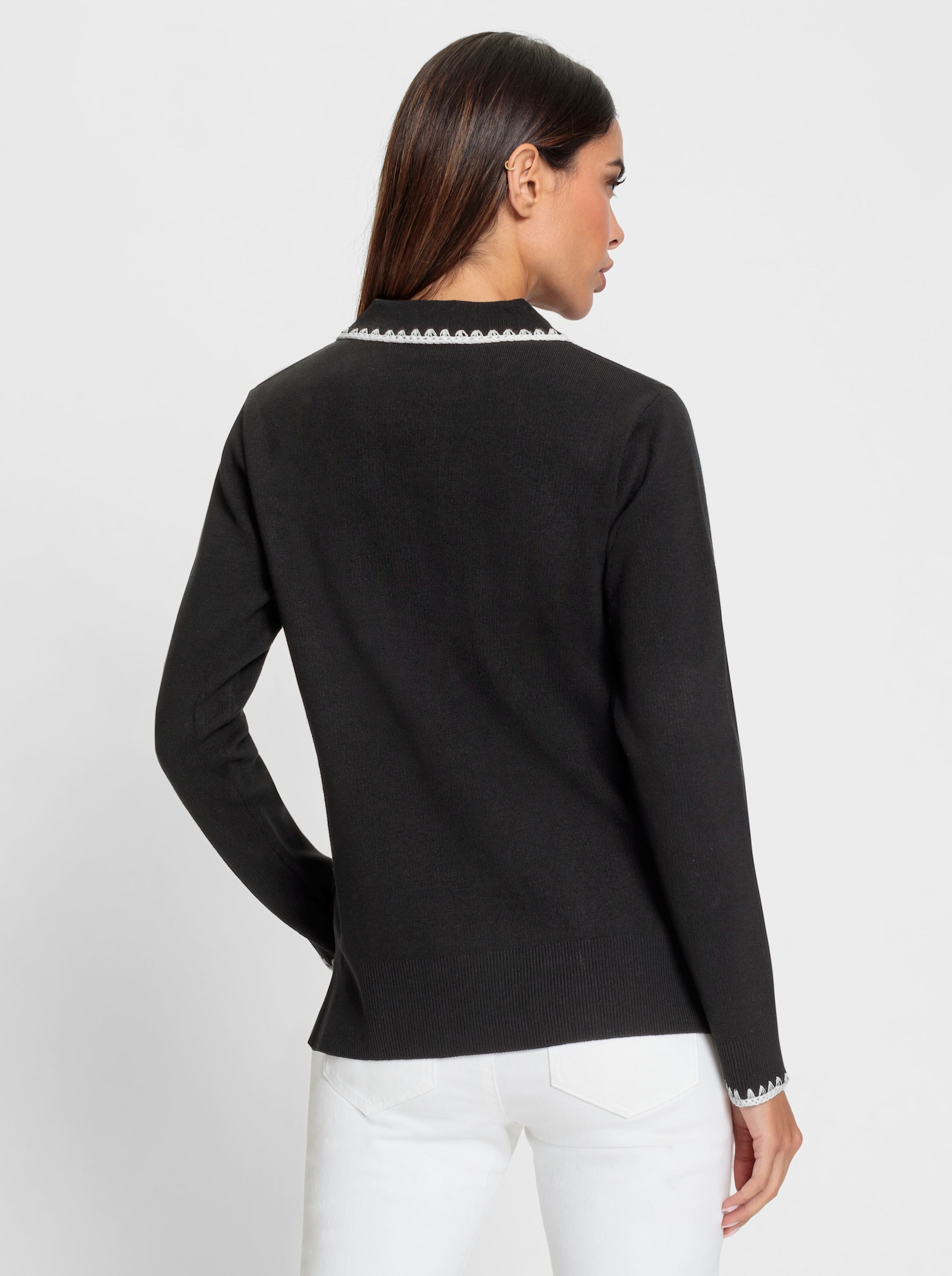 heine Polopullover mit Häkelverzierungen - schwarz-ecru