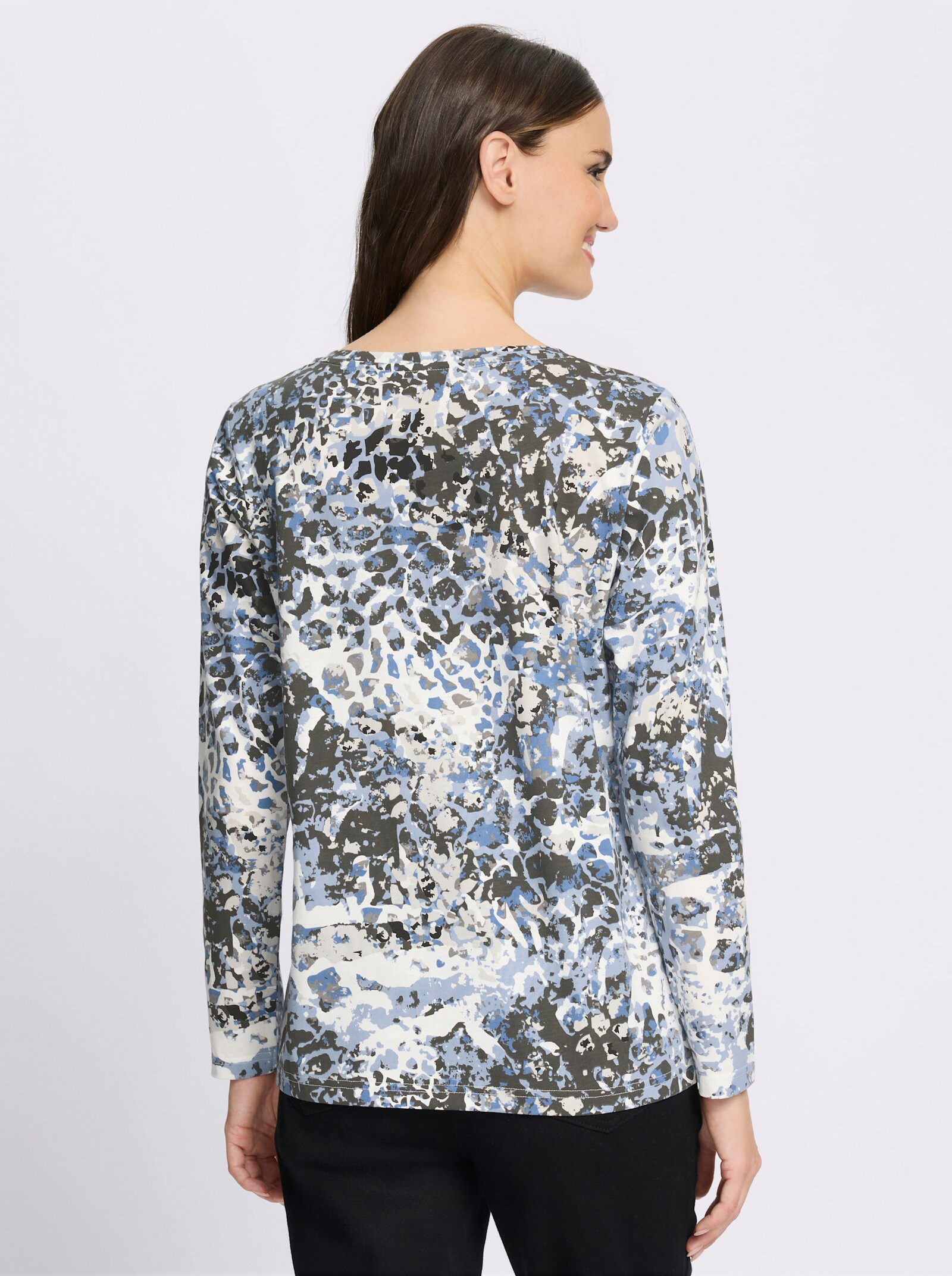 Langarmshirt aus reiner Baumwolle - ecru-mittelblau-bedruckt