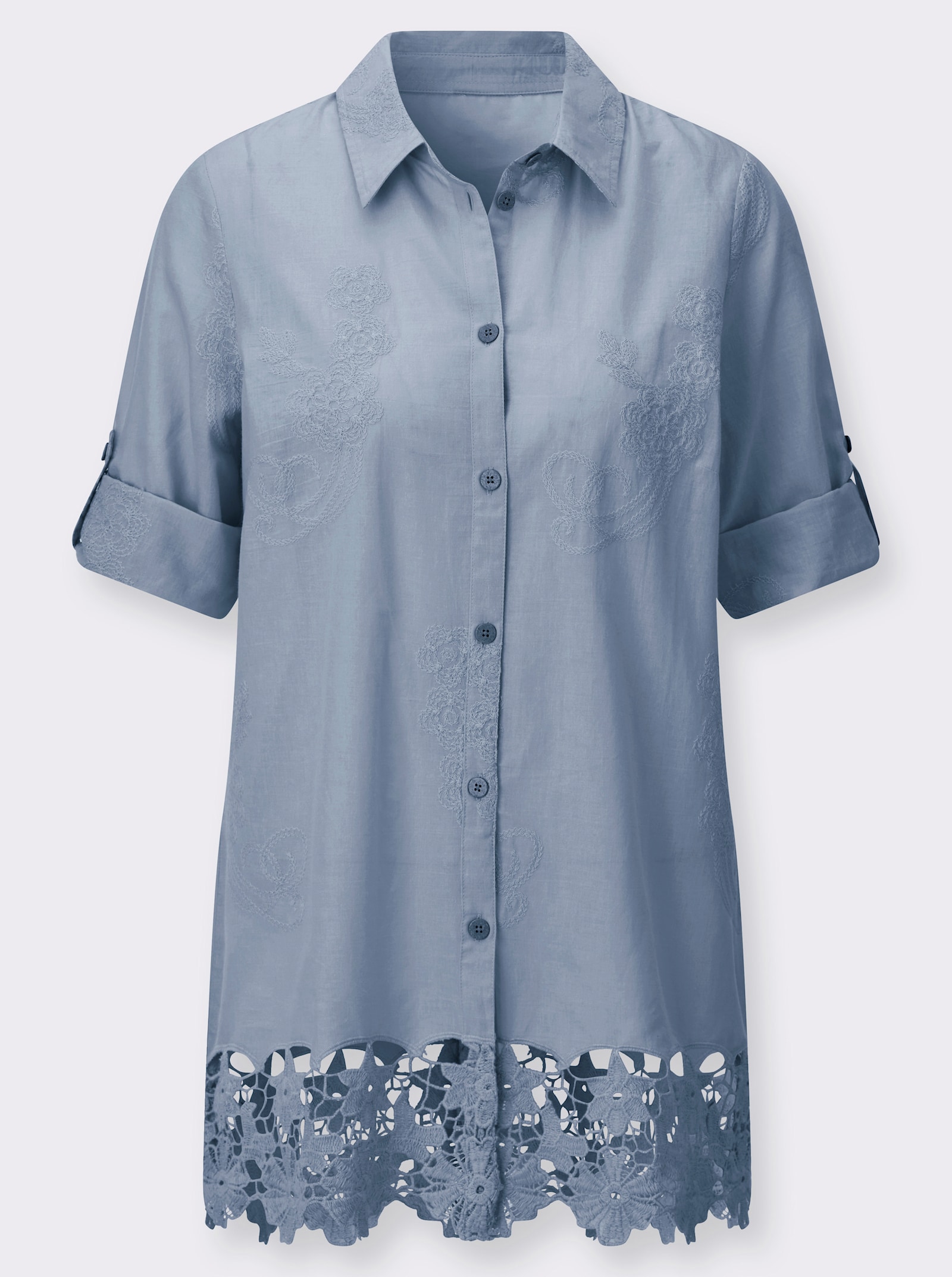 Spitzenbluse mit Krempel-Ärmel - bleu