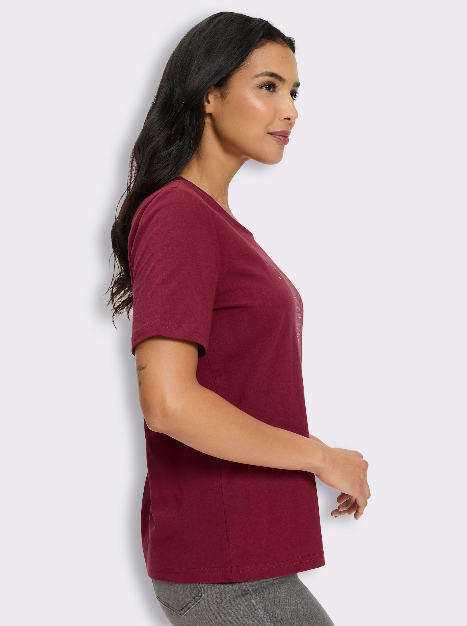 Kurzarmshirt mit Hirsch-Motiv - kirsche-graphit