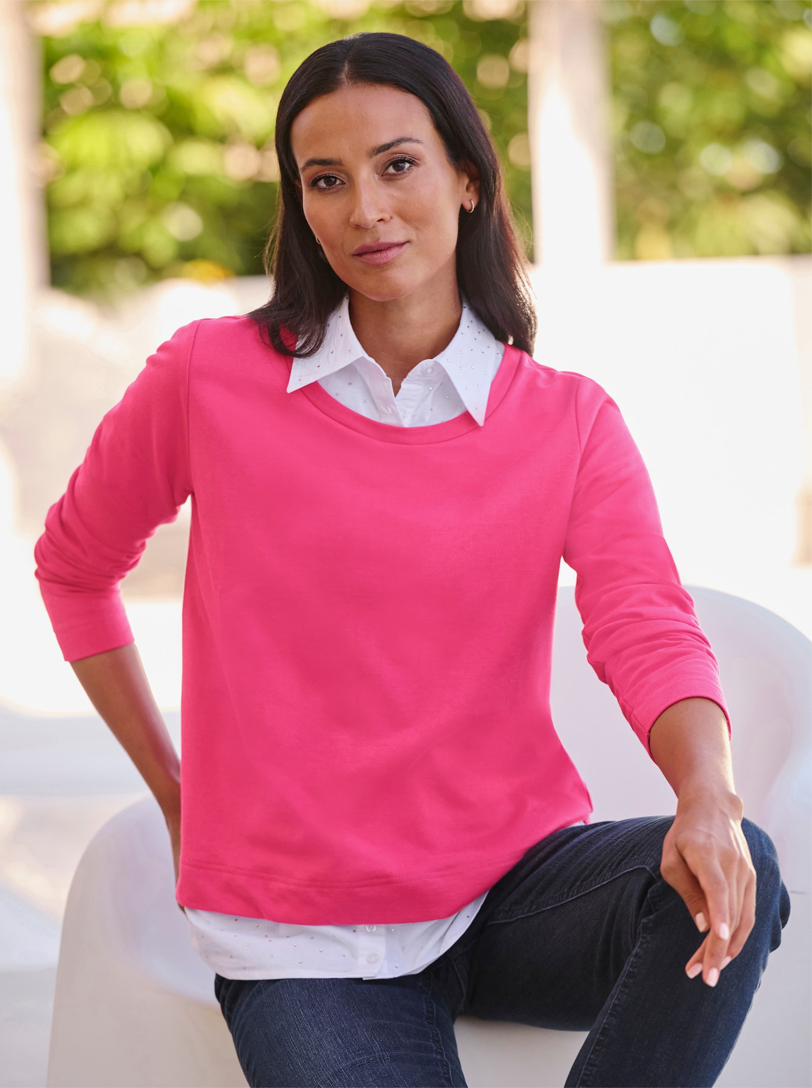 heine Sweatshirt mit Bluseneinsatz - fuchsia-weiss