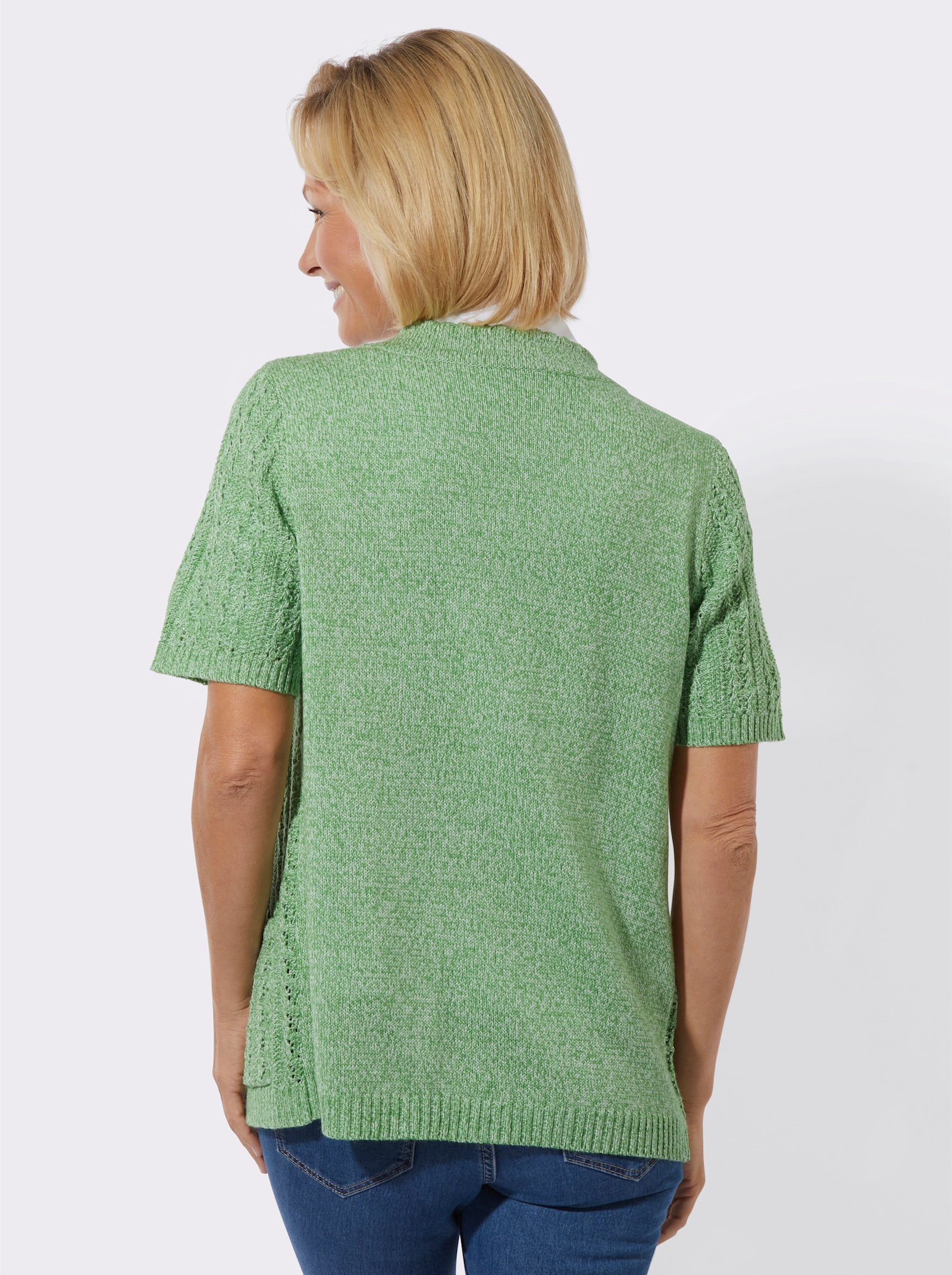 Ajourstrickjacke mit Taschen, aufgesetzt - apfel-ecru-meliert