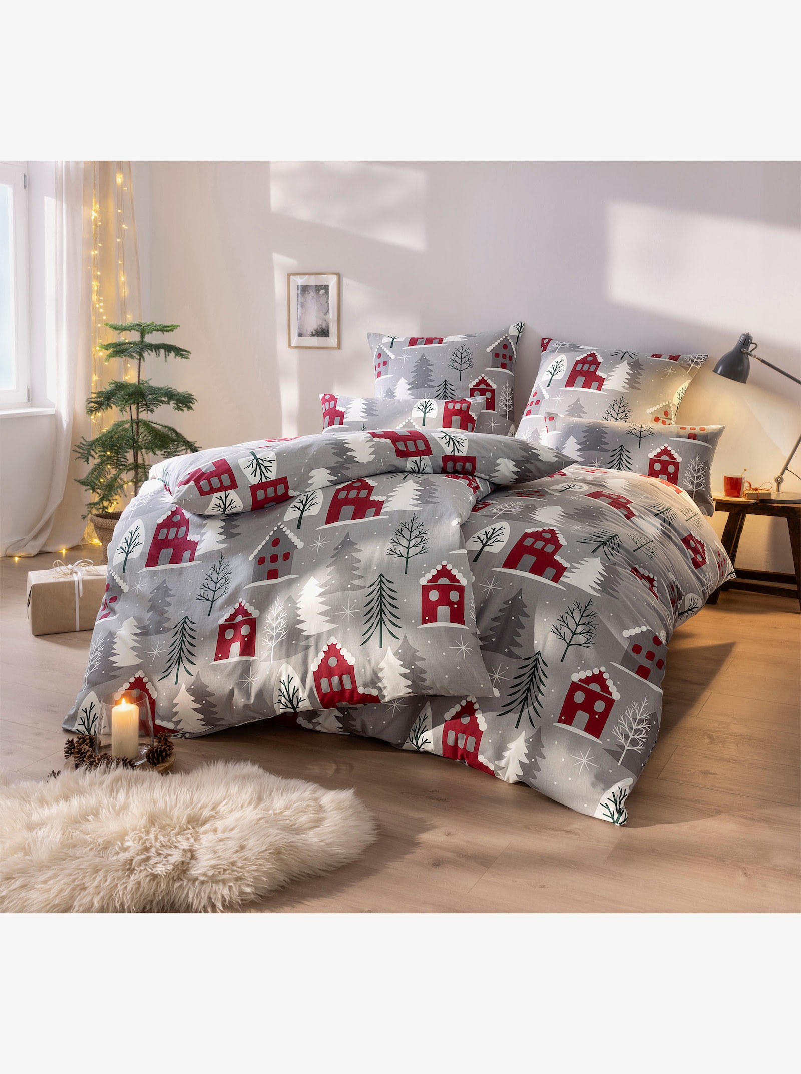 wäschepur Beddengoed in winters dessin - grijs/donkerrood bedrukt
