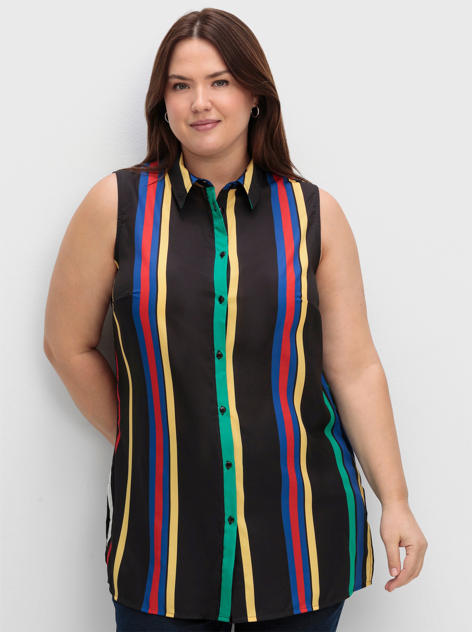 Blusentop in längerer Form, gestreift - schwarz-smaragd-gestreift