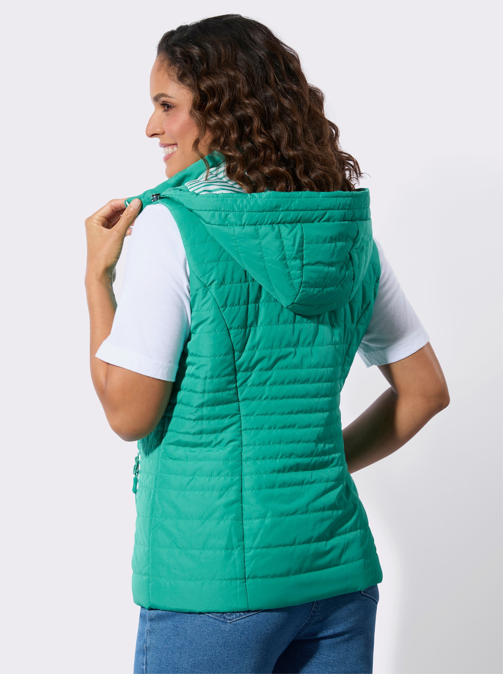 Gilet met capuchon en gestreepte voering - smaragdgroen