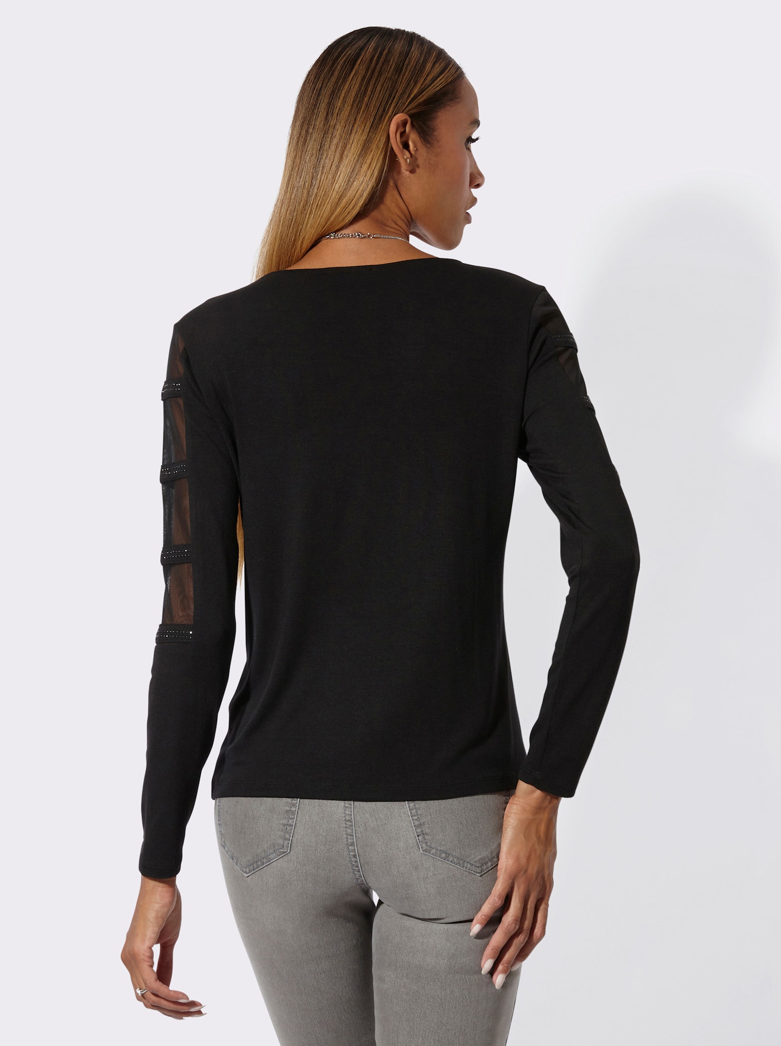 Langarmshirt mit verzierten Partien aus Mesh - schwarz