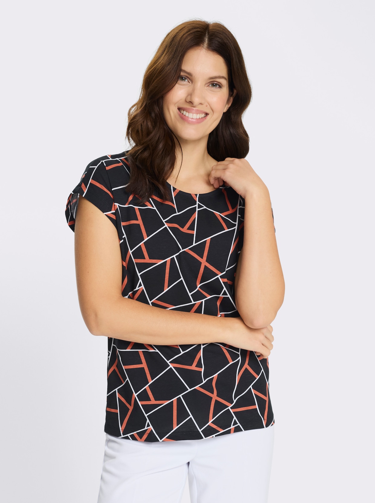 Kurzarmshirt mit Grafik-Print vorne - schwarz-papaya-bedruckt