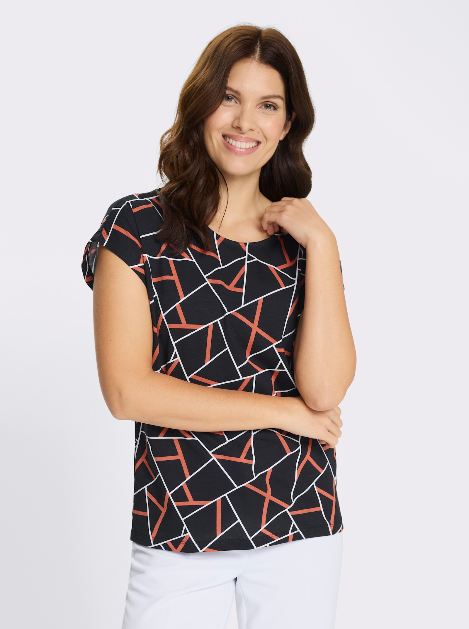 Kurzarmshirt mit Grafik-Print vorne - schwarz-papaya-bedruckt