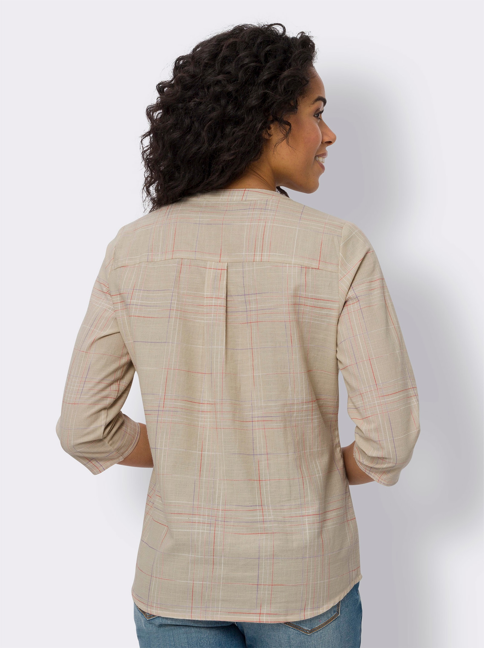 Navlékací halenka s kostkovaným vzorem z barvené příze - písková-korálová-kostka