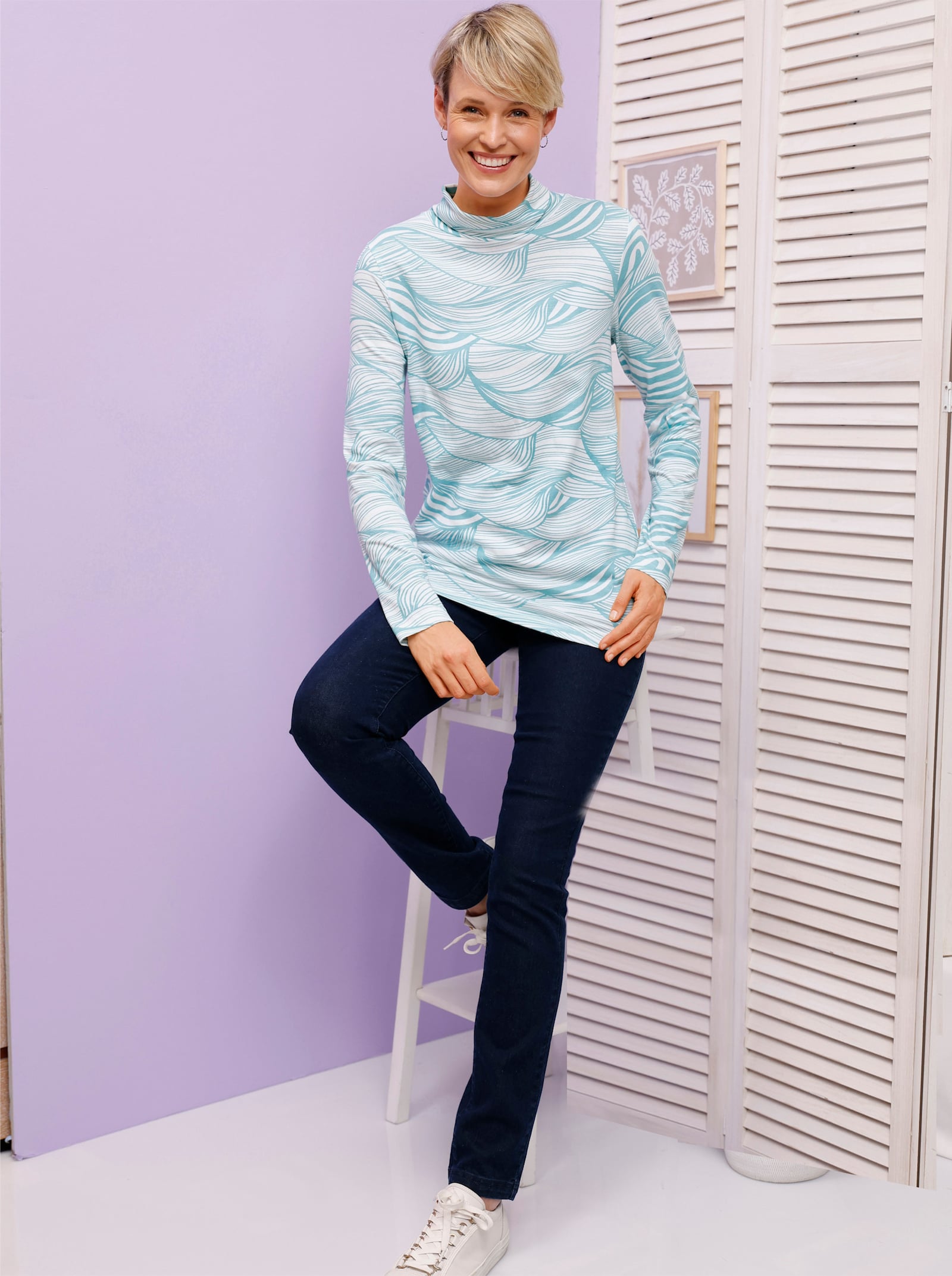 Rollkragenshirt aus reiner Baumwolle - ozean-ecru-bedruckt