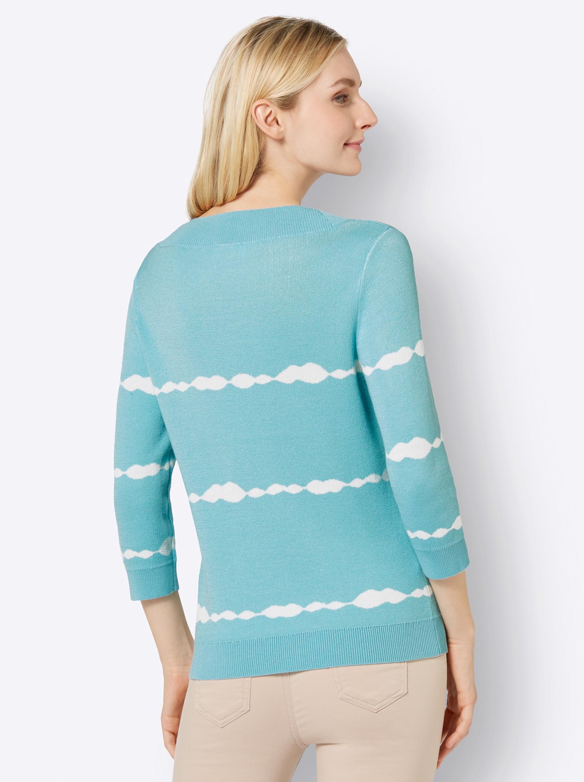 Damenmode Pullover Langarm-Pullover in aquamarin-ecru-bedruckt 