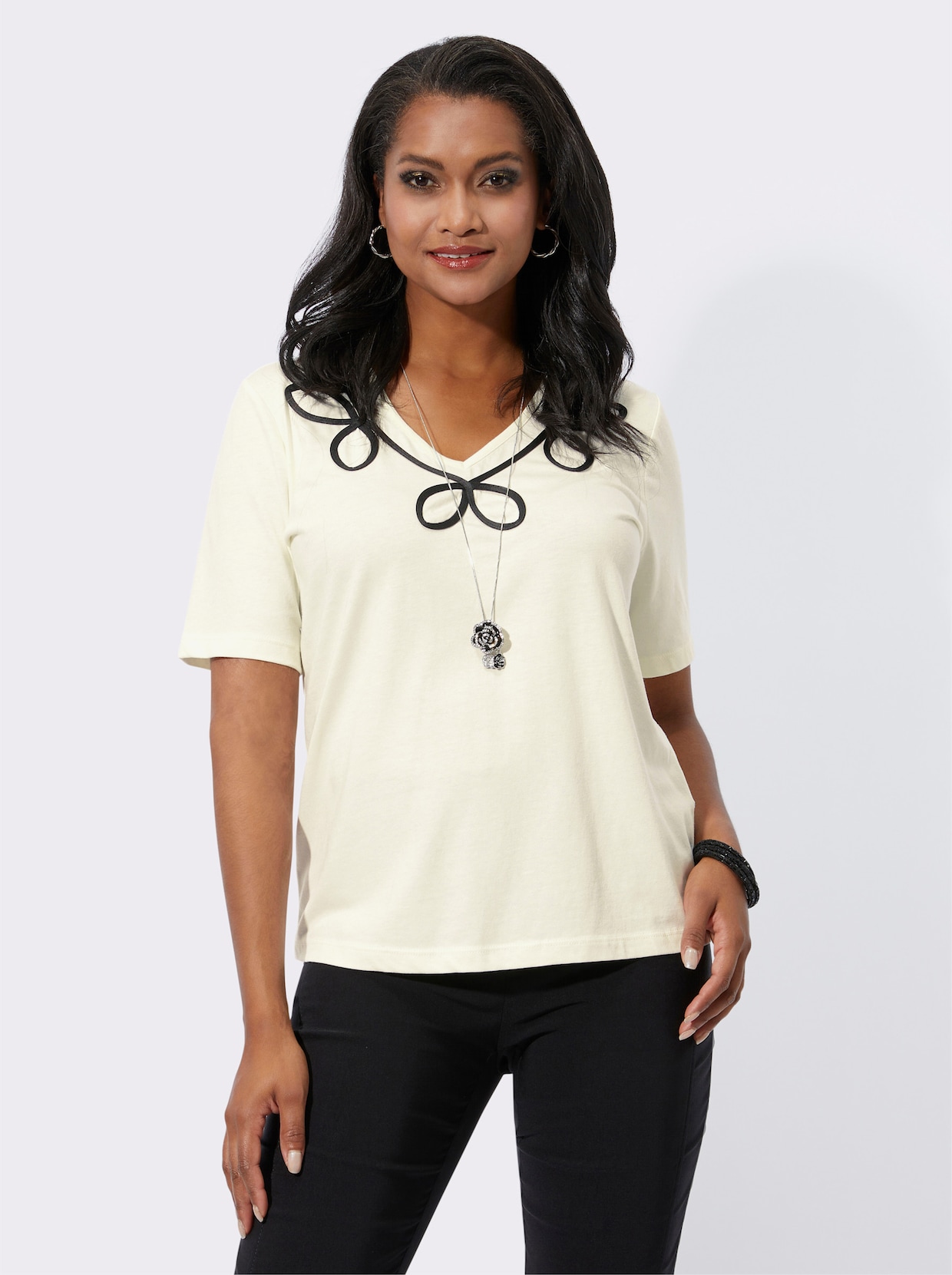 Kurzarmshirt - champagner-schwarz-gemustert