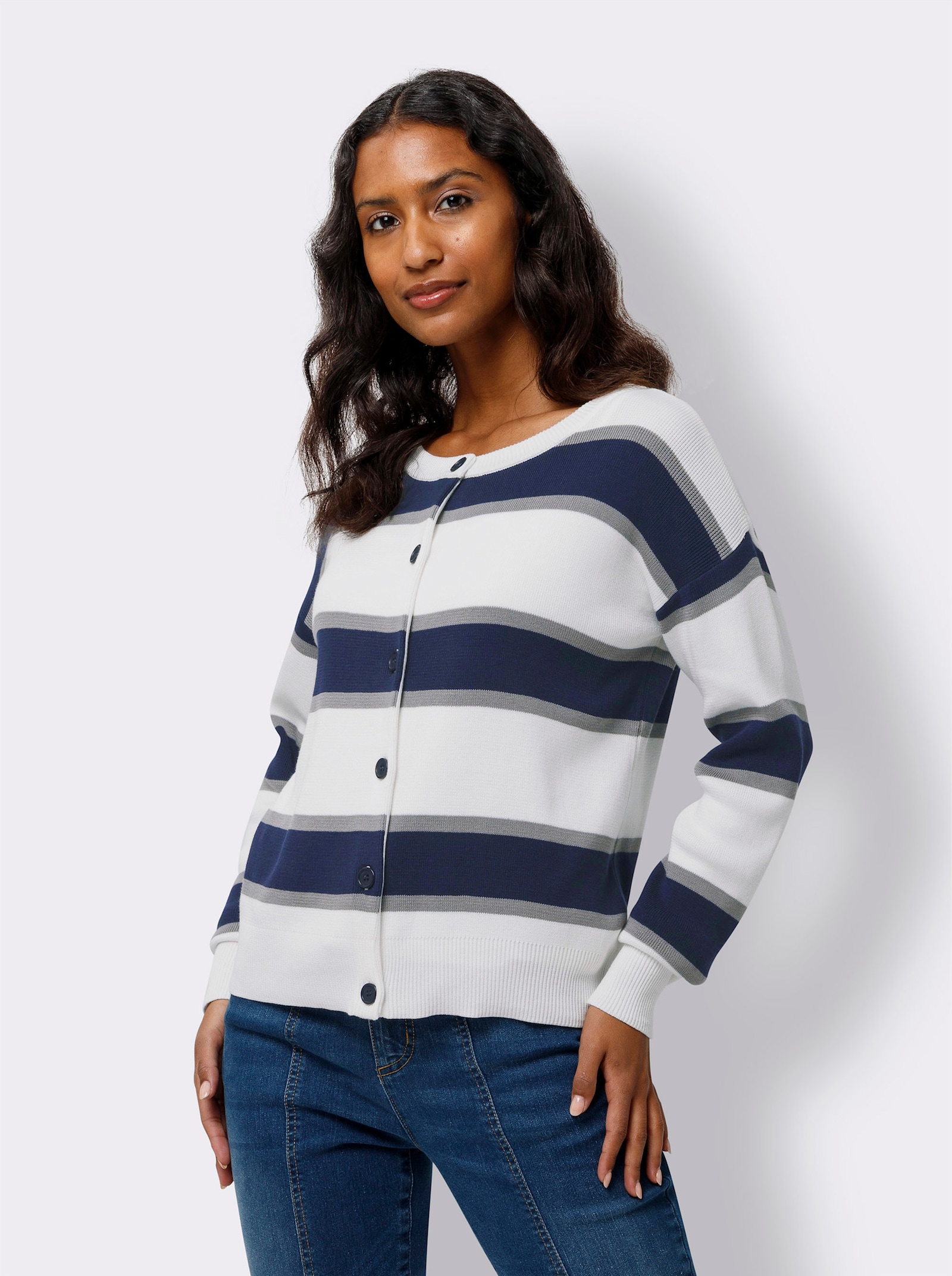 heine Strickjacke mit Blockstreifen - ecru-marine-gestreift