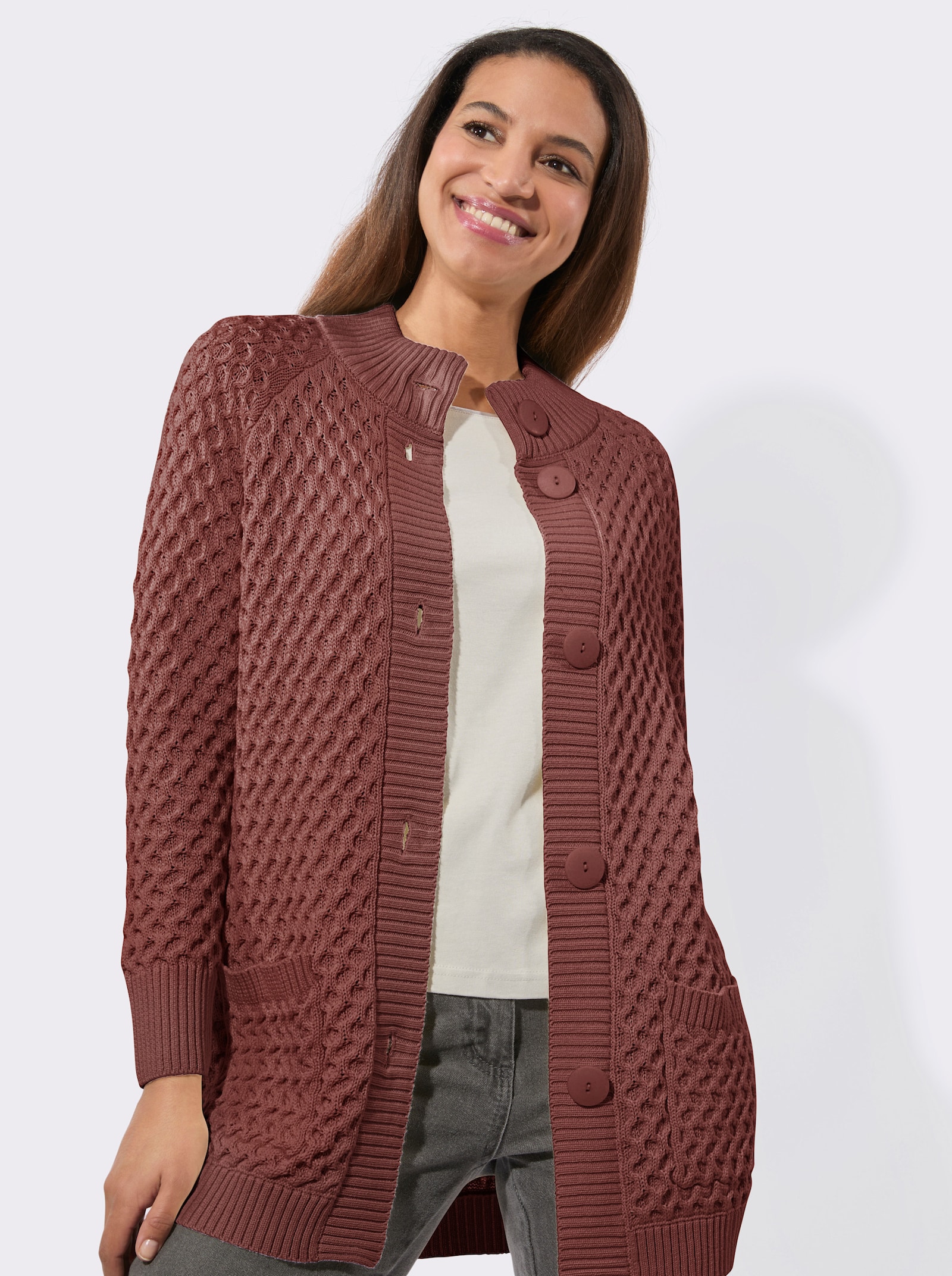 Longstrickjacke mit Taschen - rotbraun