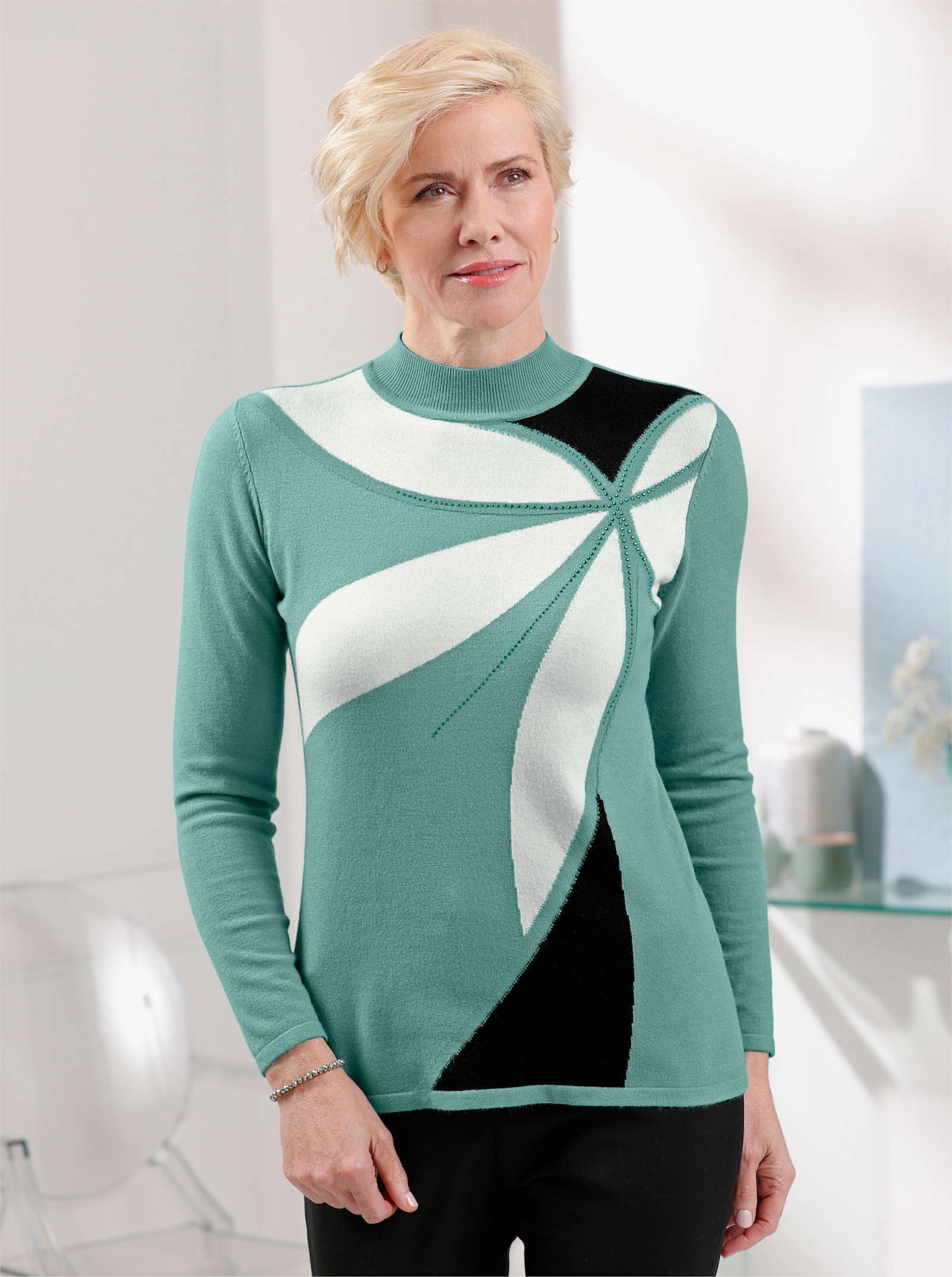 Stehkragenpullover mit Intarsienmuster - salbei-ecru-gemustert