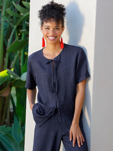 heine Kurzarm-Bluse mit Stickerei - marine