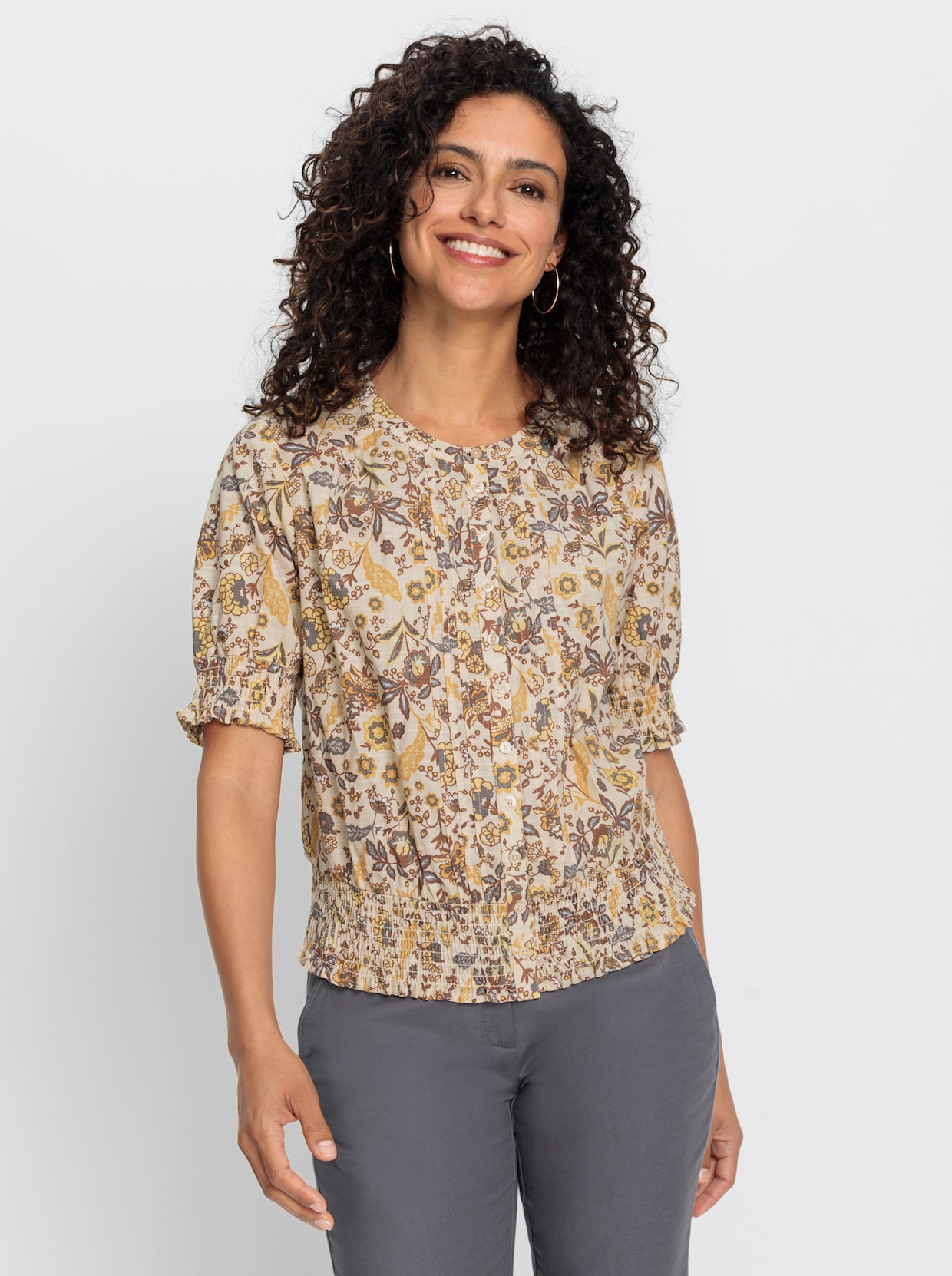 Katoenen blouse - vanille/zand bedrukt
