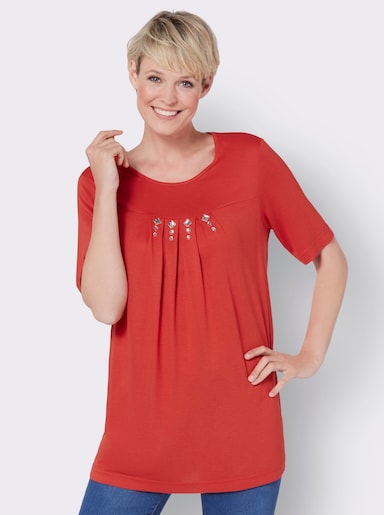 Kurzarmshirt mit Ziersteinchen, reine Viskose - erdbeere