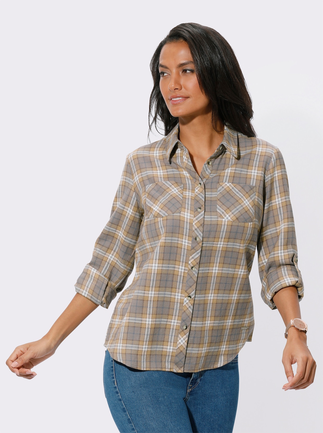 Flanellen blouse - grijs/camel geruit