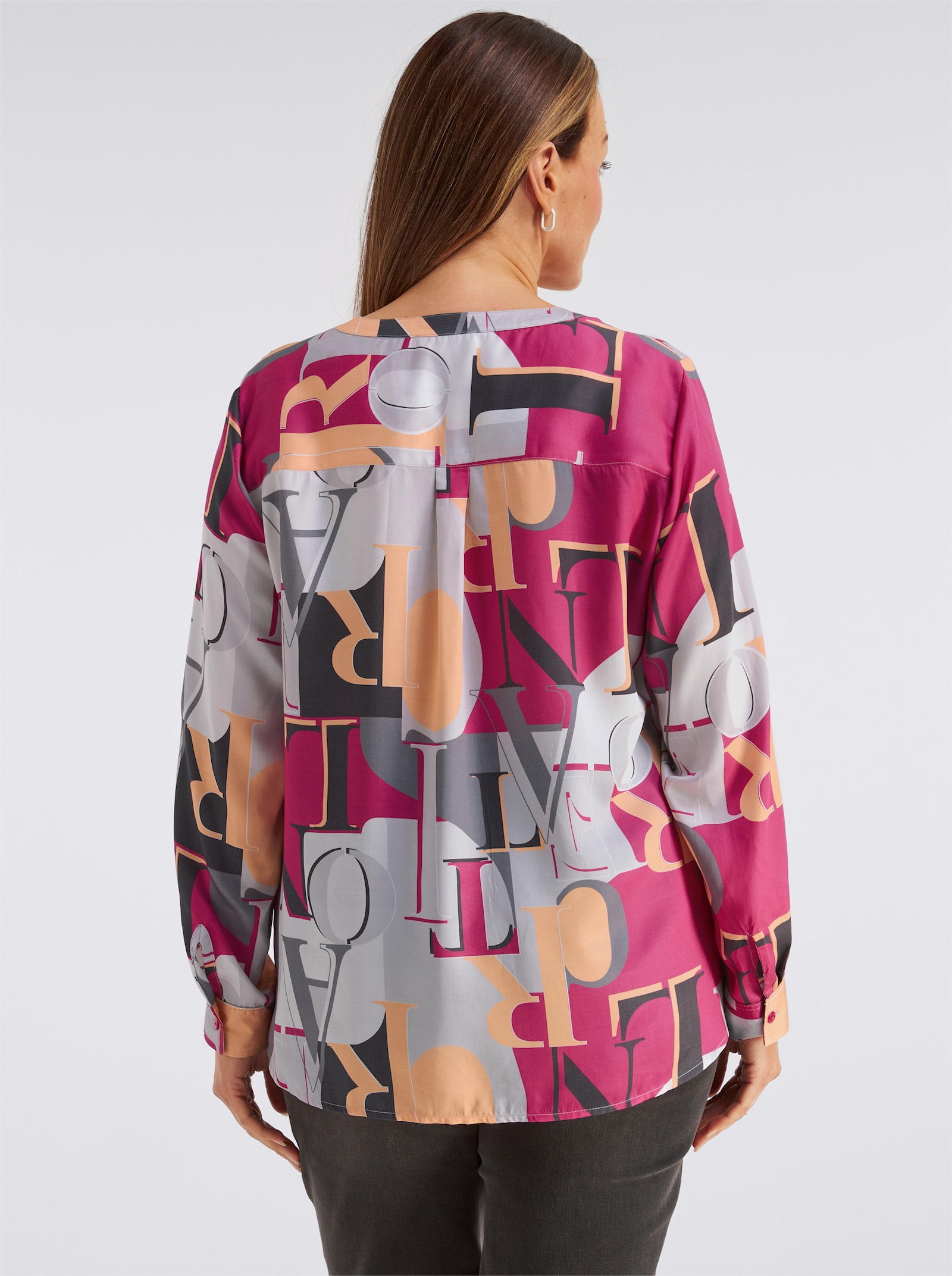Schlupfbluse mit Krempelärmel - fuchsia-hellgrau-bedruckt