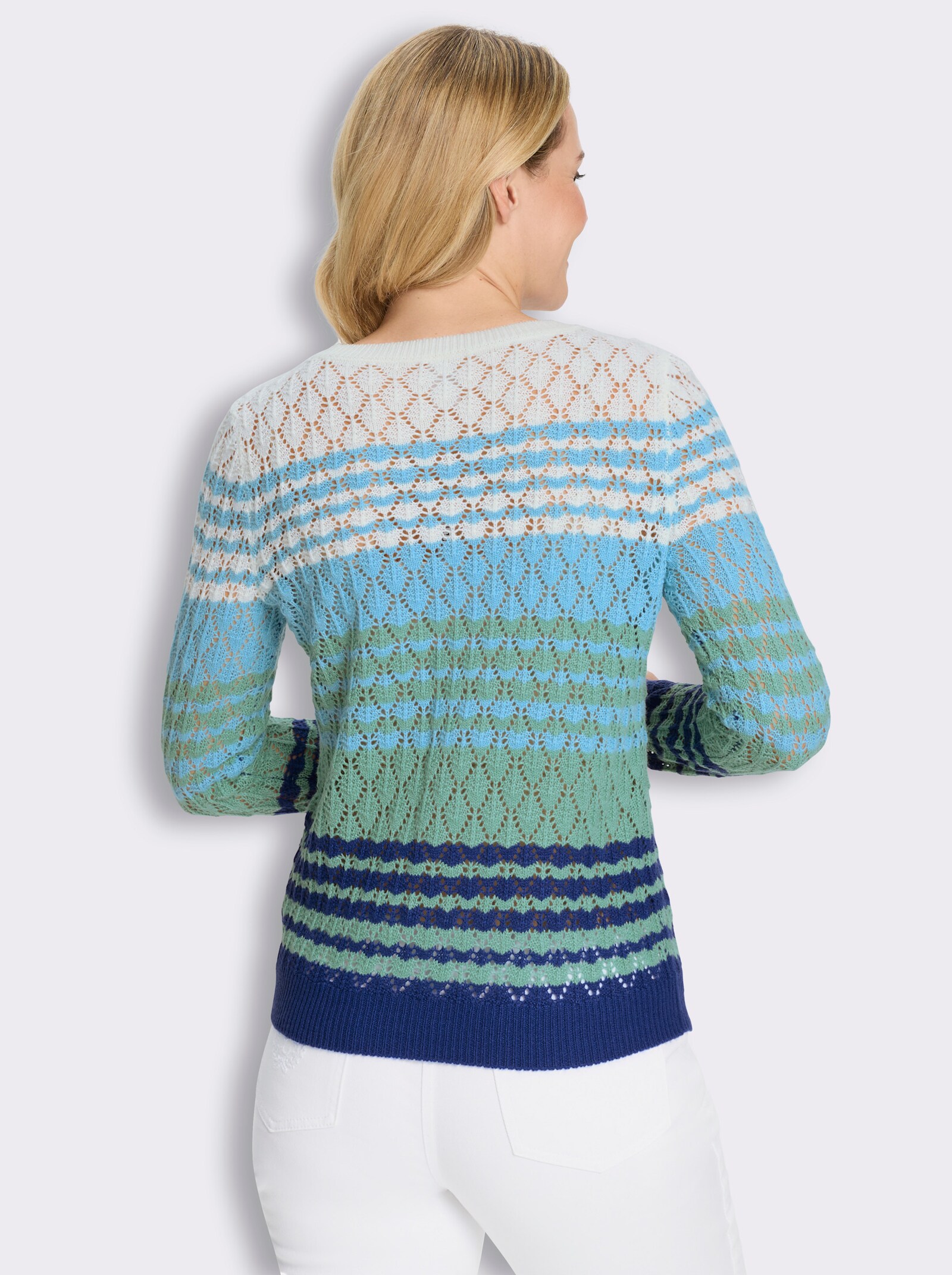 Ajourpullover mit Farbverlauf in Streifen-Optik - ecru-royalblau-gemustert