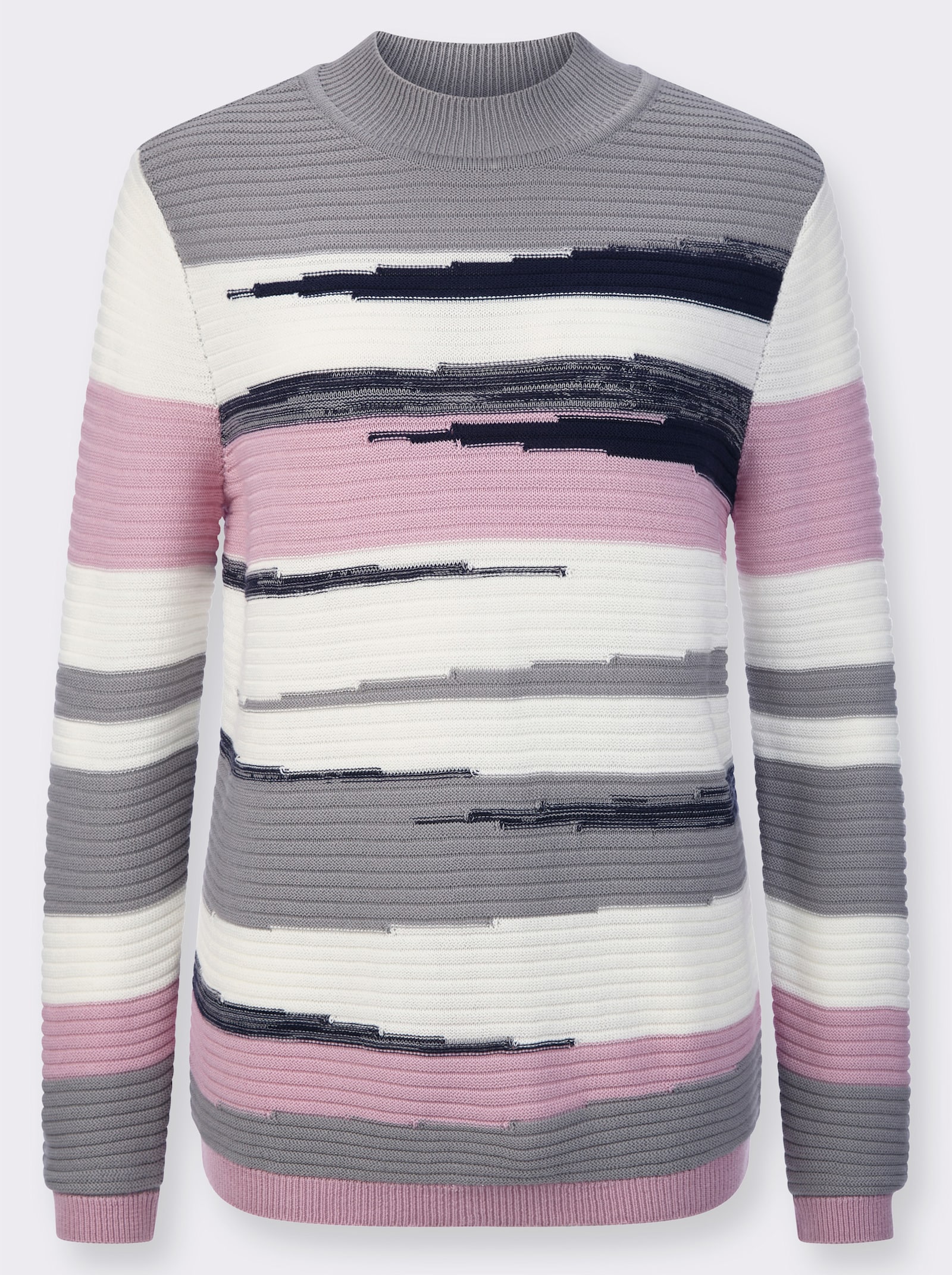 Stehkragenpullover mit Intarsien-Strick - rosé-steingrau-gemustert