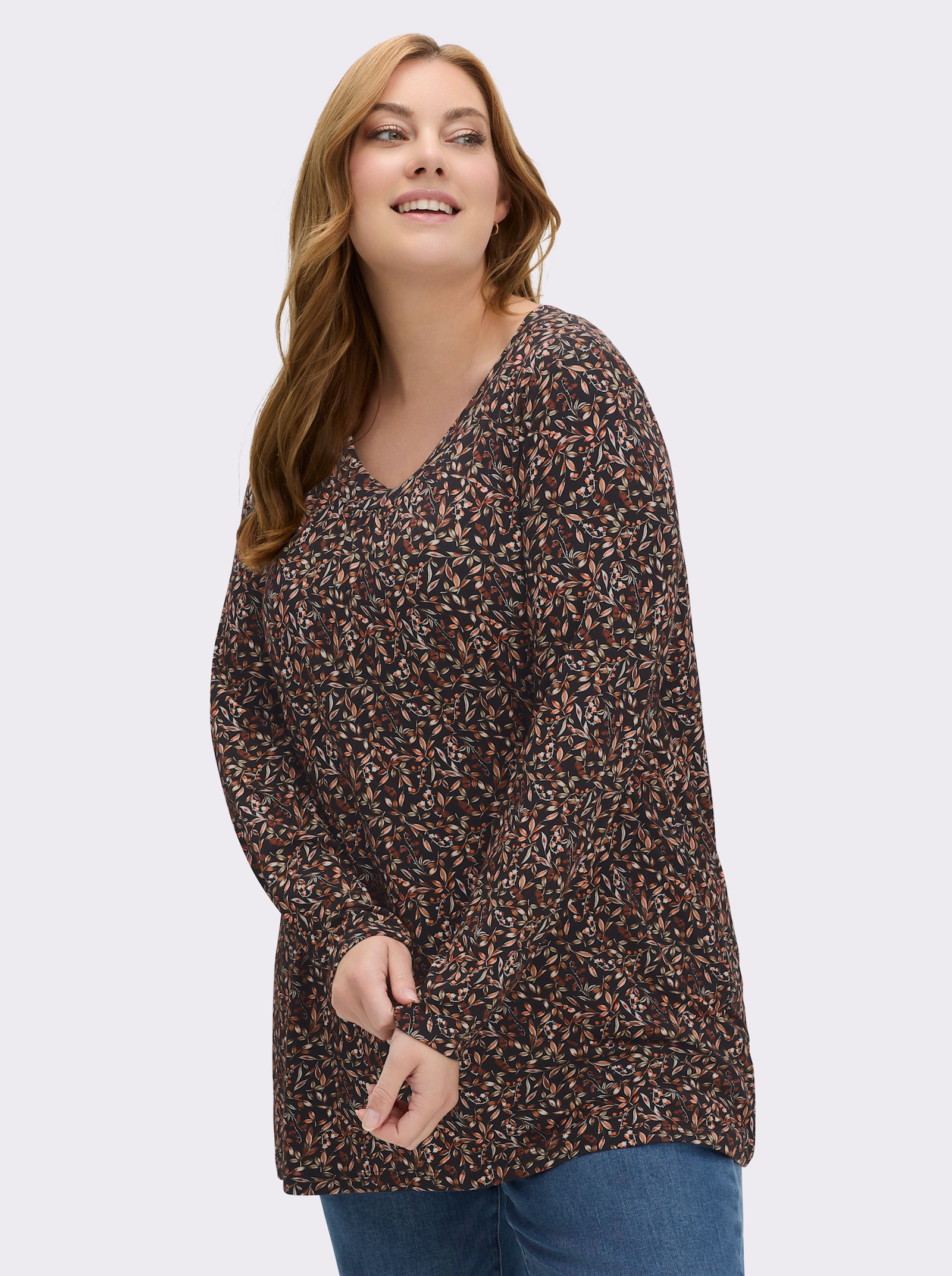 Tunikashirt mit Raffung am Ausschnitt - schwarz-rostrot-bedruckt