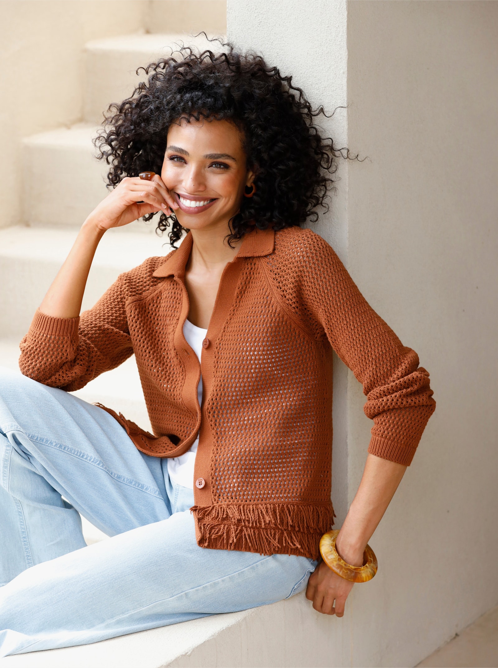 heine Ajourstrickjacke mit Fransensaum - cognac