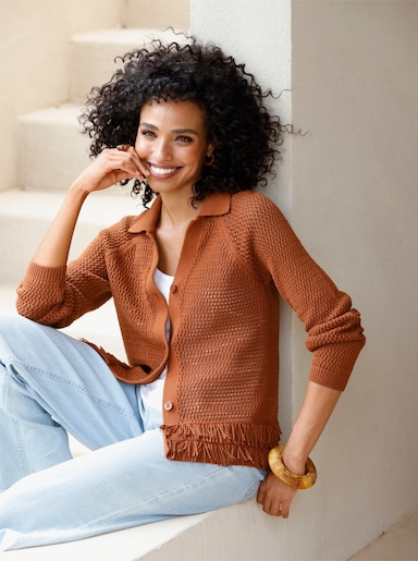 heine Ajourstrickjacke mit Fransensaum - cognac