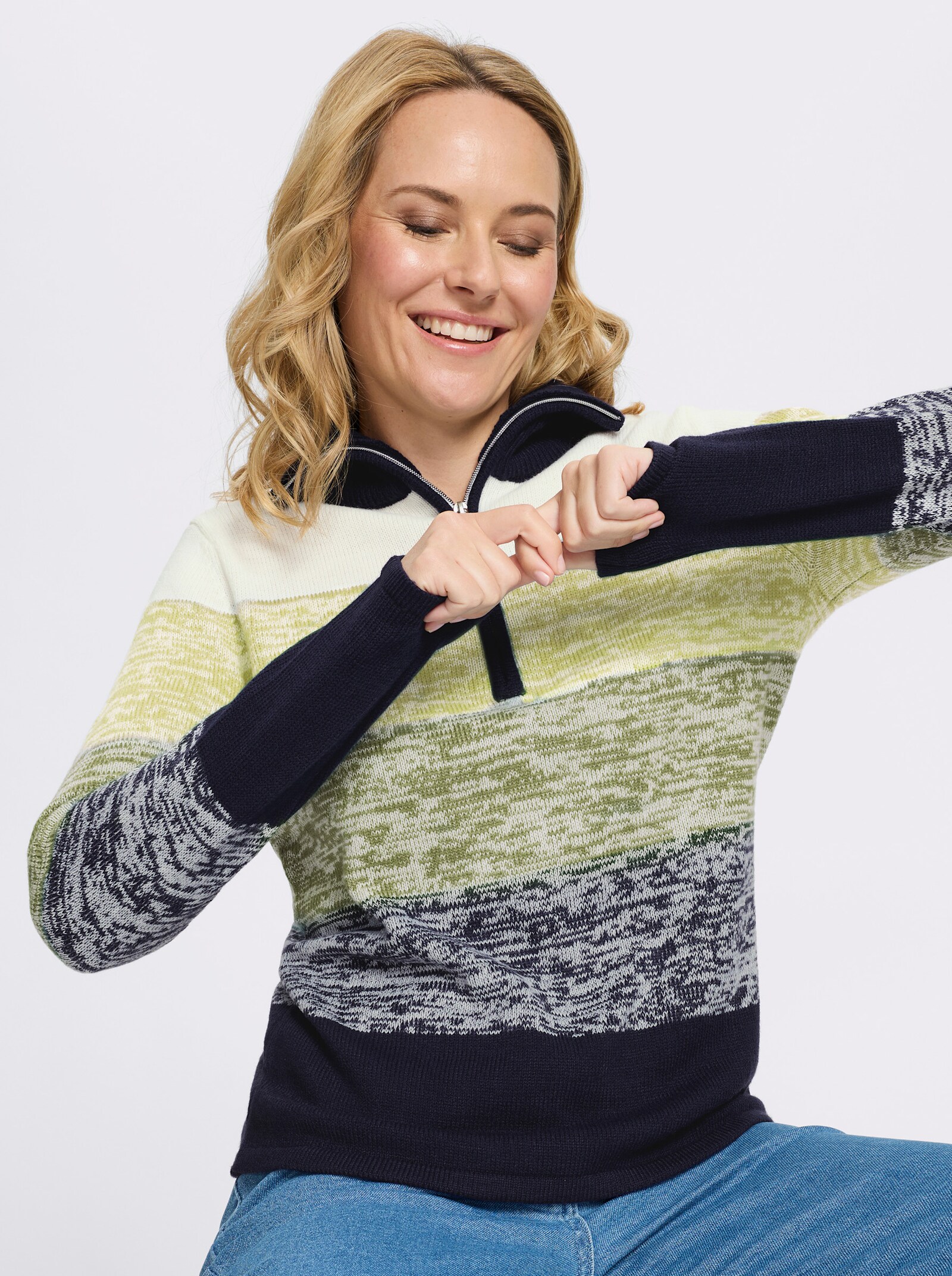 Langarm-Pullover mit kurzem Reißverschluss - schilf-marine-gemustert