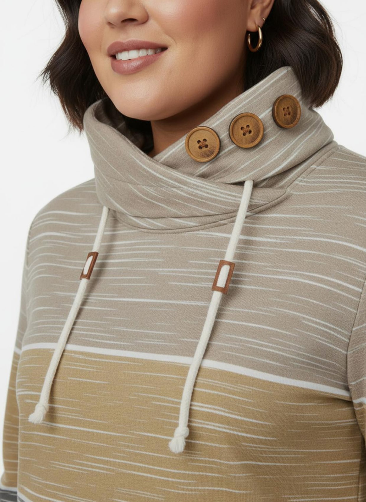 Sweatshirt mit Zierknöpfen am Kragen - dunkeltaupe-sesam-bedruckt