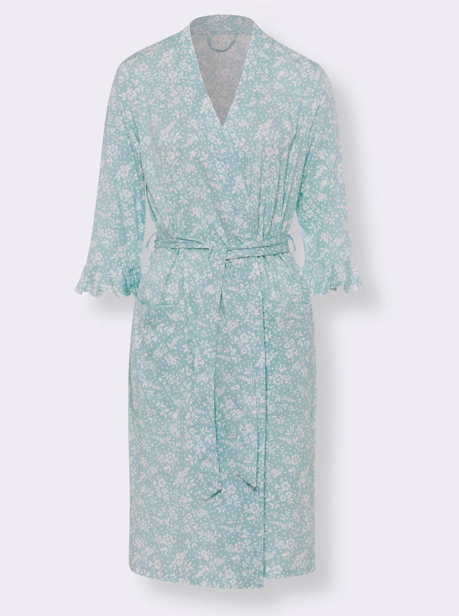 Morgenmantel im Blüten-Dessin - mint-ecru-bedruckt