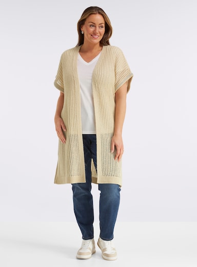 sheego Strickweste mit Ajourmuster und Glitzergarn - sand